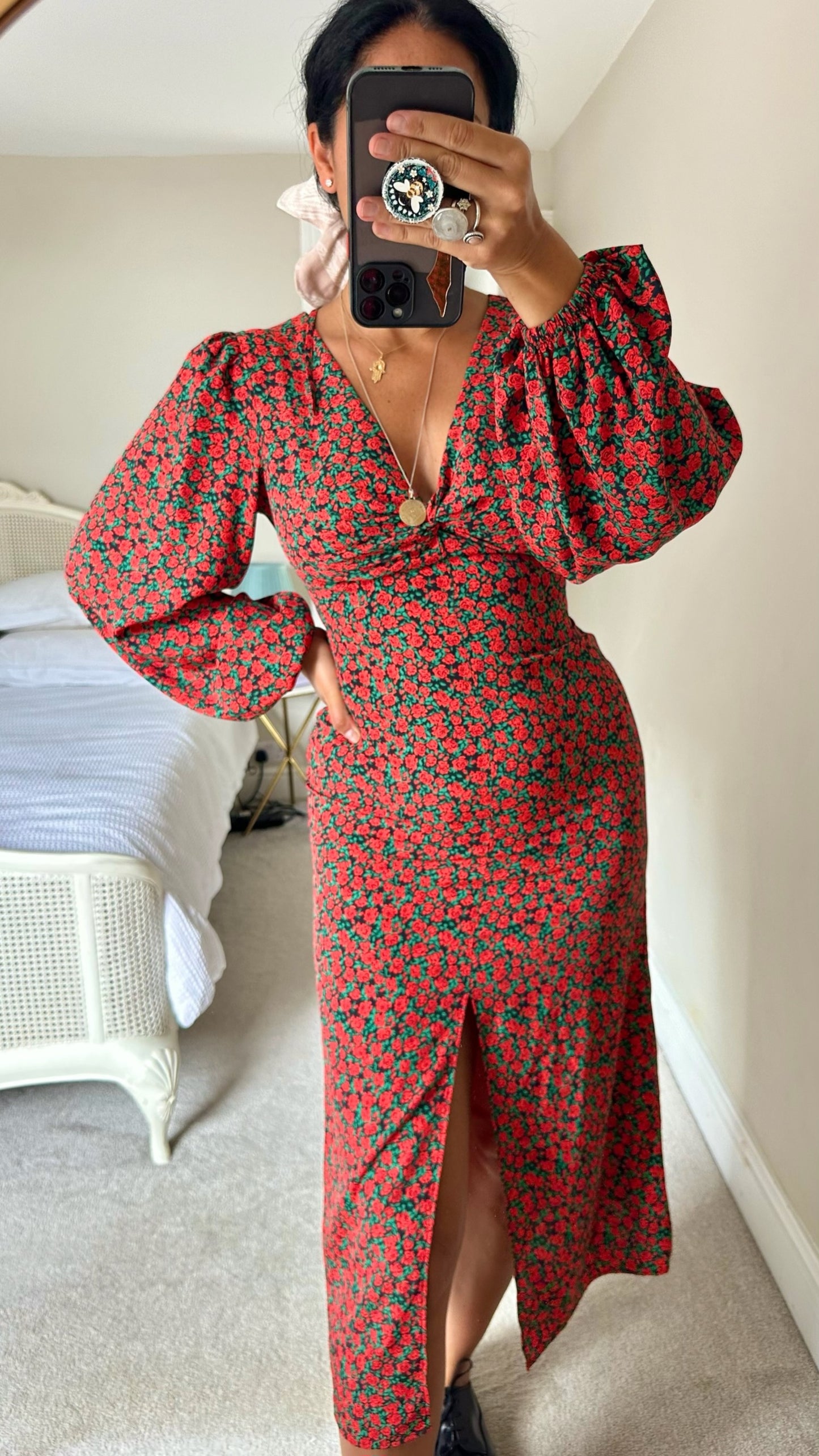 Topshop red rose balloon sleeve backless event dress small UK 8 vgc w25