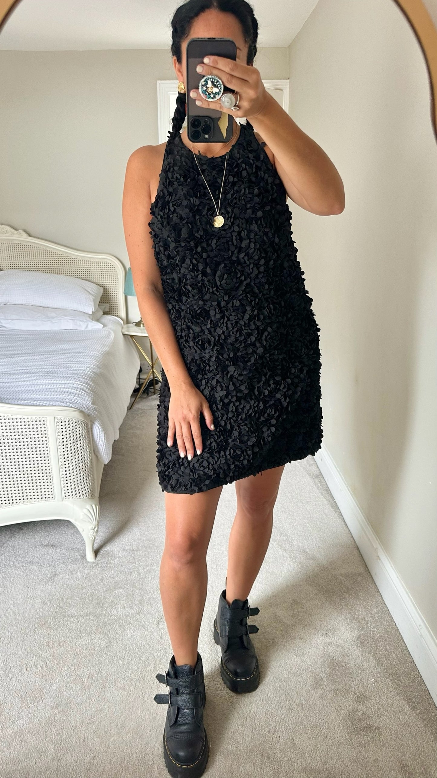 & other stories black laser cut floral embossed 3D mini party dress large UK 12 vgc