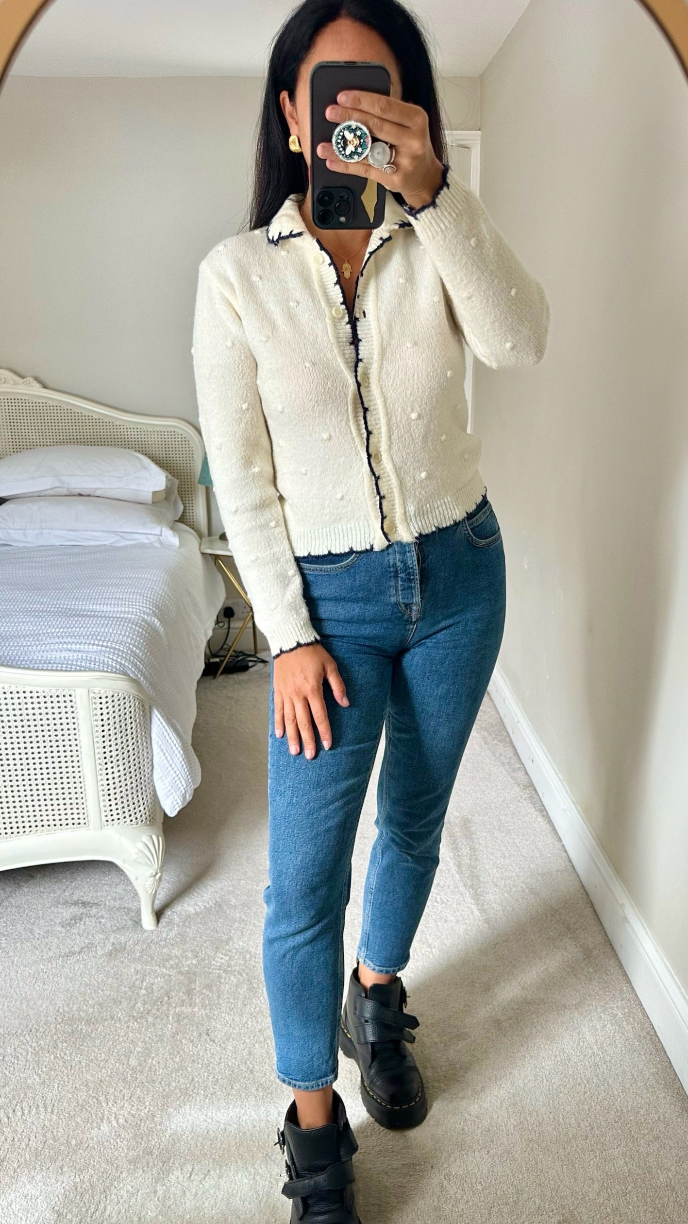 Olive cream black wool blend cardigan small UK 8-10 vgc w25