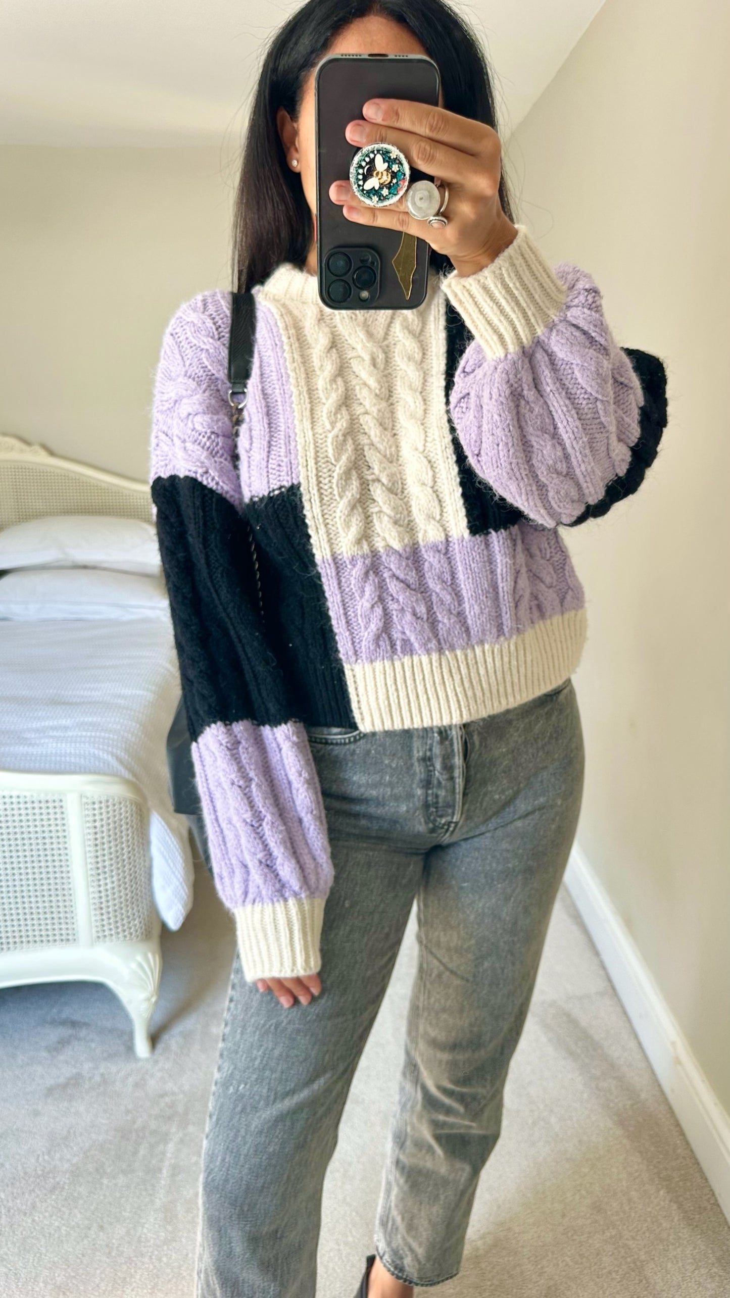 River island cream lilac black chunky knit oversized cable jumper small UK 8 vgc w25