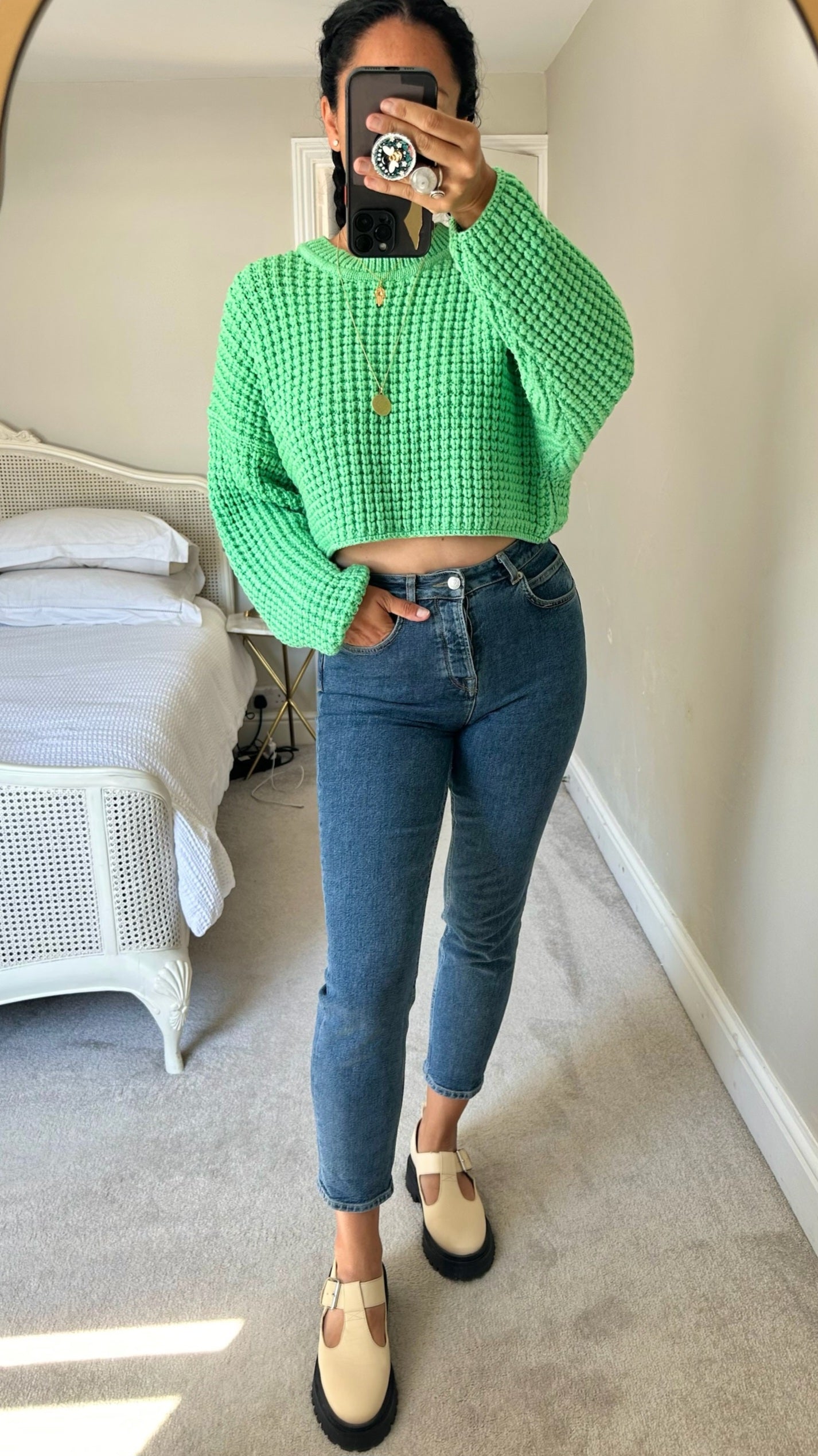 Zara bright green knitted cropped casual jumper small UK 8 vgc w25