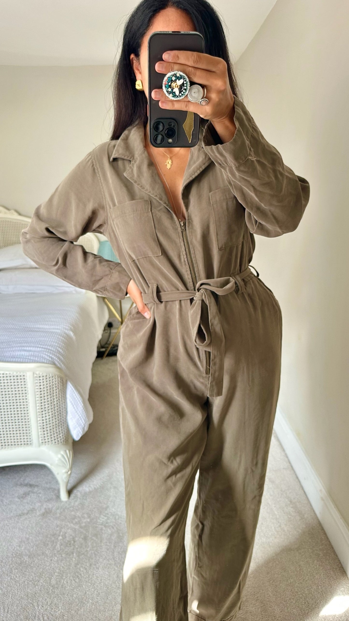 Seen Worn Kept @ Anthropologie khaki olive green zip up jumpsuit boiler suit large UK 12 vgc w25