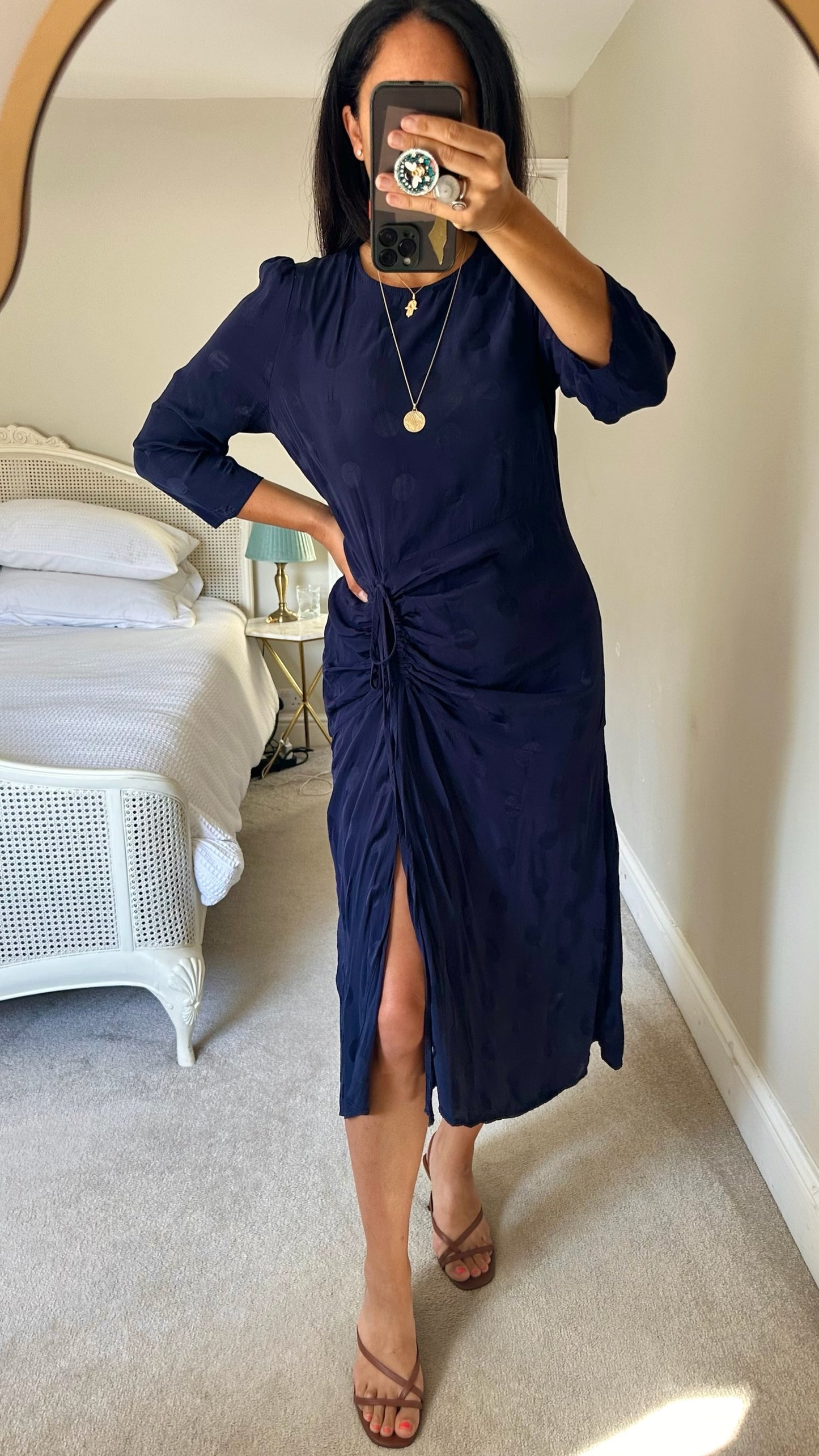 Oliver bonas navy blue polka dot midi maxi dress with side split extra large UK 14 vgc w25