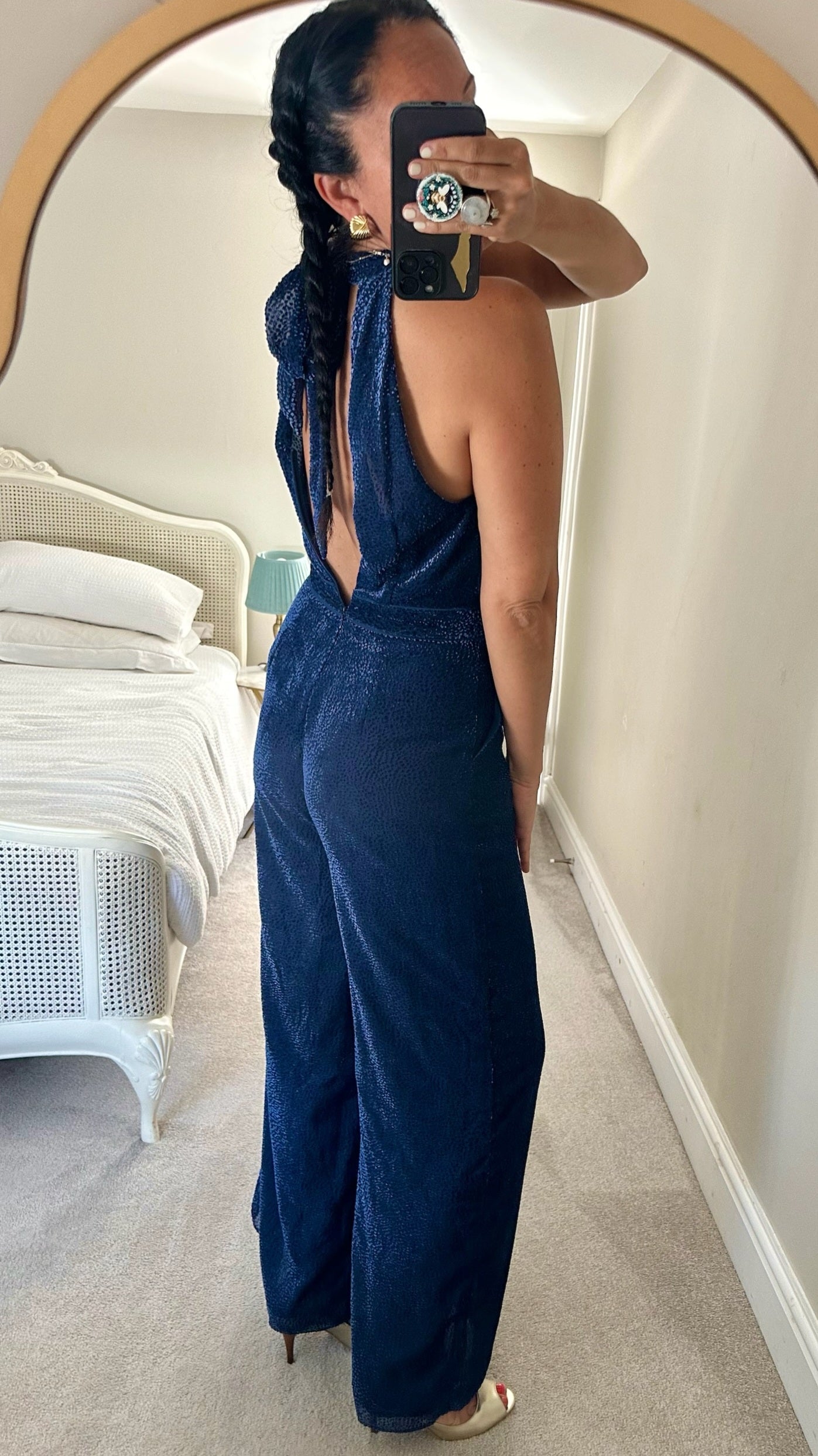 Elevenses royal velvet blue polka dot halter neck backless event jumpsuit medium UK 10 vgc