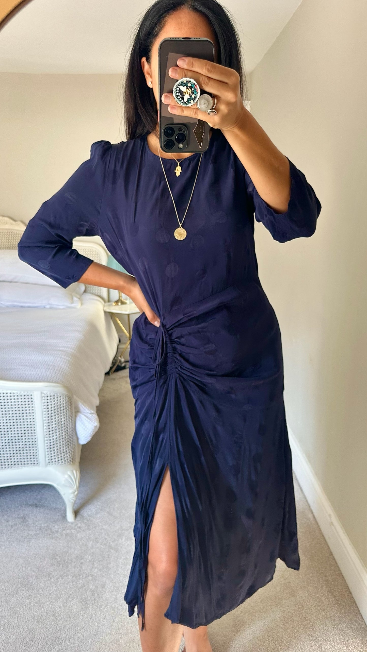 Oliver bonas navy blue polka dot midi maxi dress with side split extra large UK 14 vgc w25