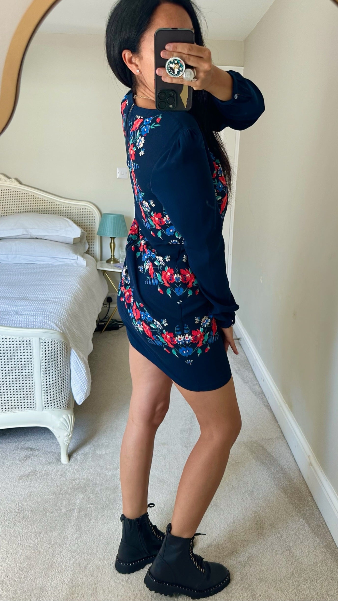 Warehouse navy blue red floral mini dress large UK 12 vgc w25