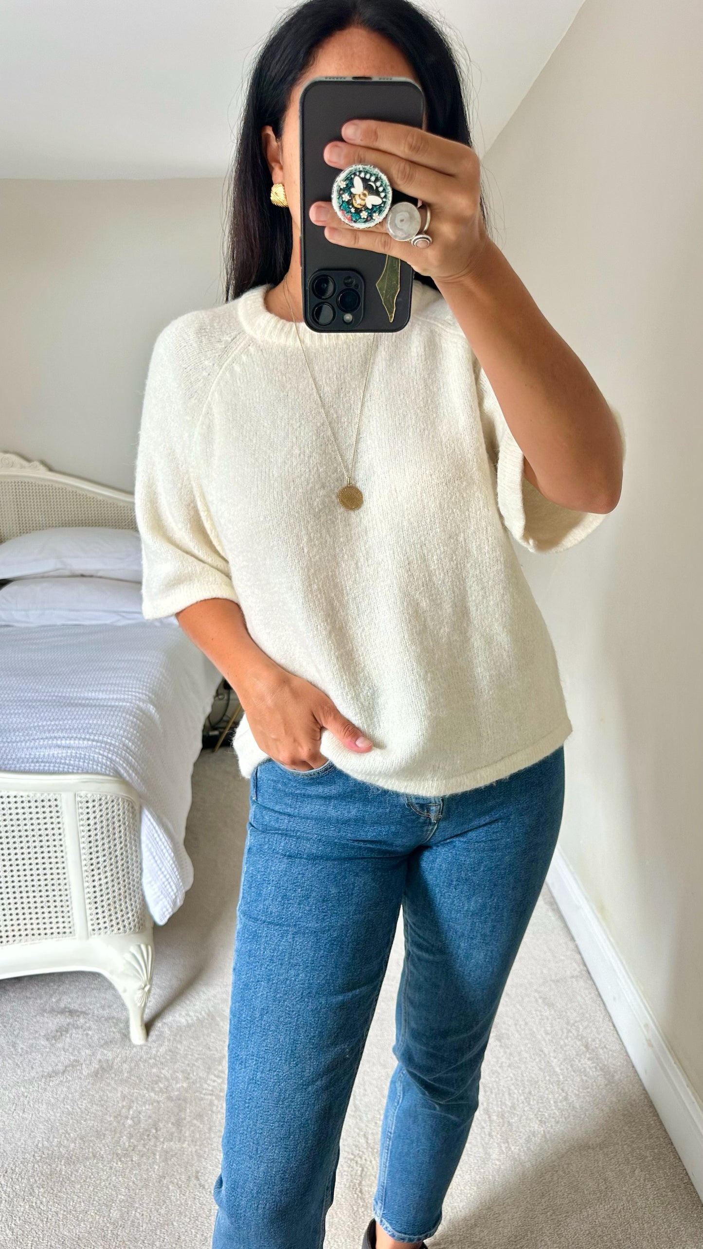 YAS cream white wool blend knitted jumper three quarter 3/4 length large UK 12 vgc w25