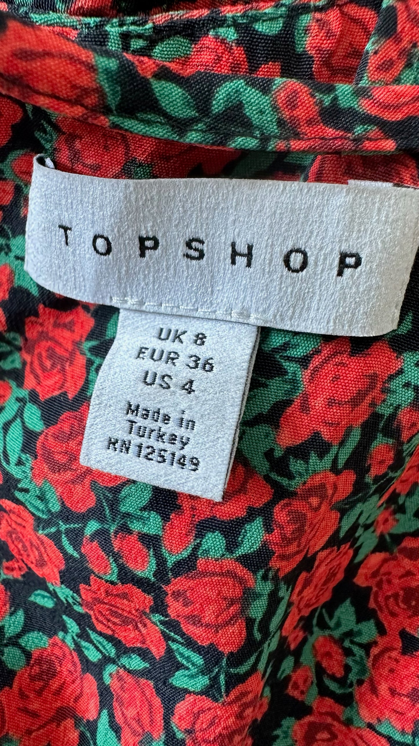 Topshop red rose balloon sleeve backless event dress small UK 8 vgc w25