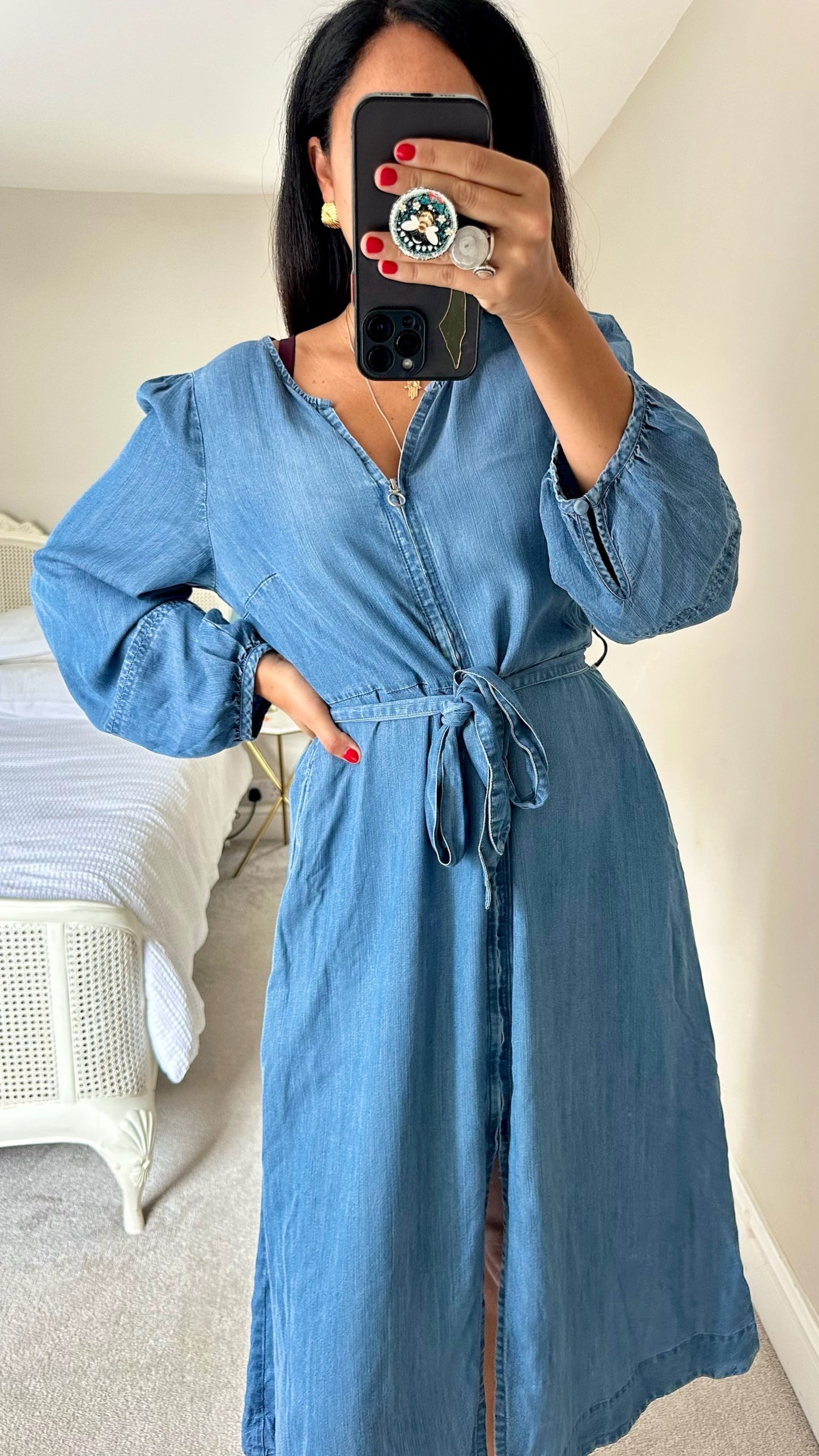 Oliver bonas zip front denim blue midi dress large UK 12 vgc w25