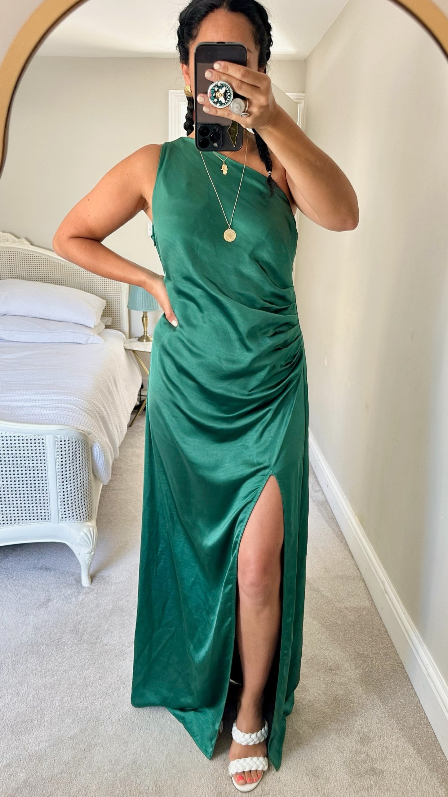 Pretty lavish deep green one shoulder ruched maxi dress large UK 14 vgc
