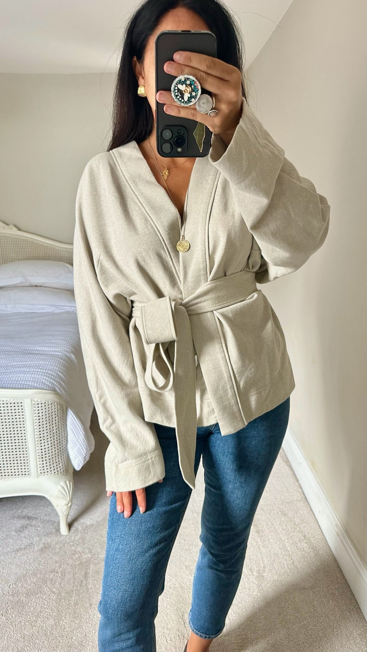 COS cream stone linen blend wraparound kimono cardigan large UK 12 vgc w25