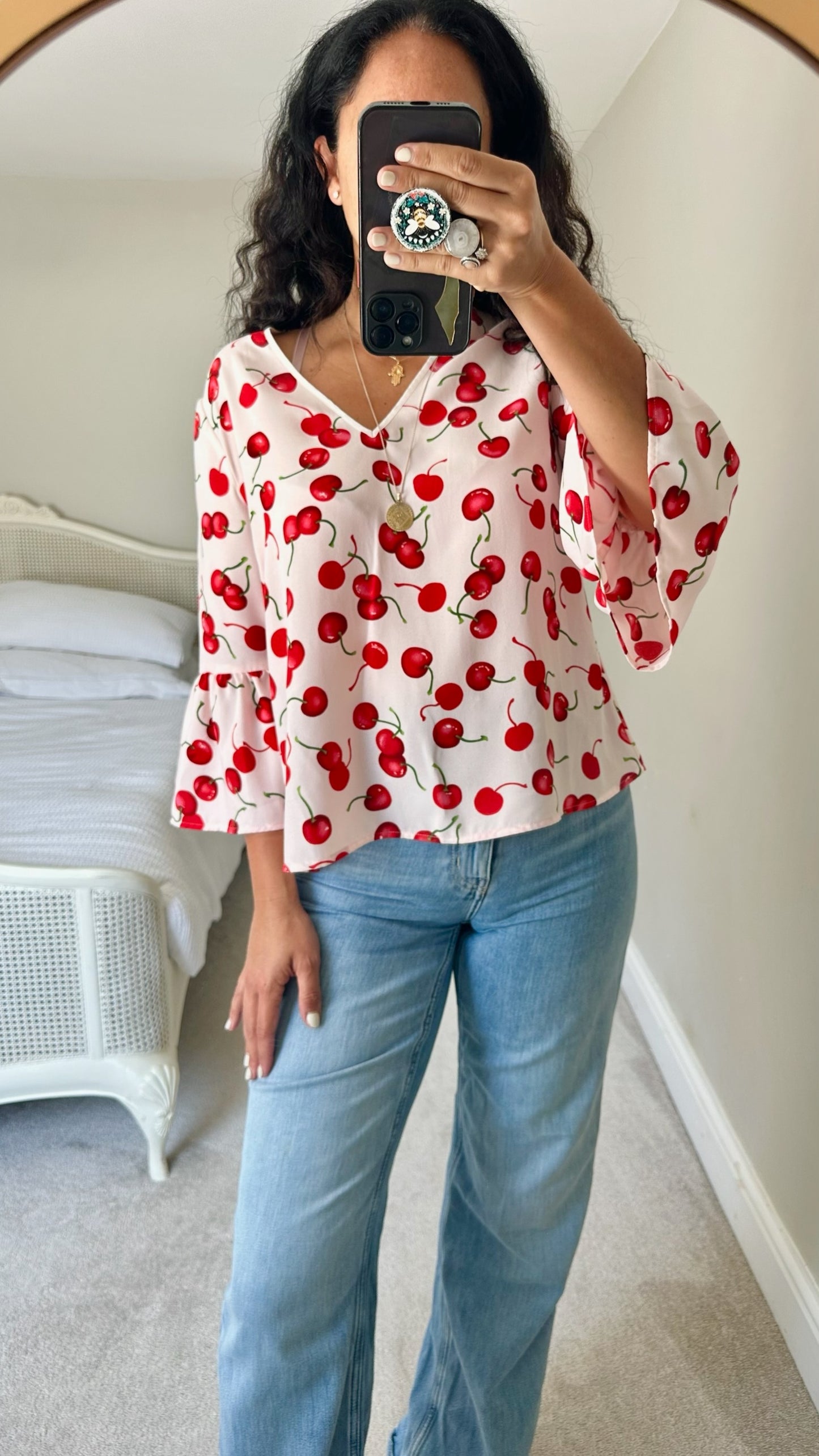 Essentiel Antwerp pink red cherry print fruit top small UK 8 vgc