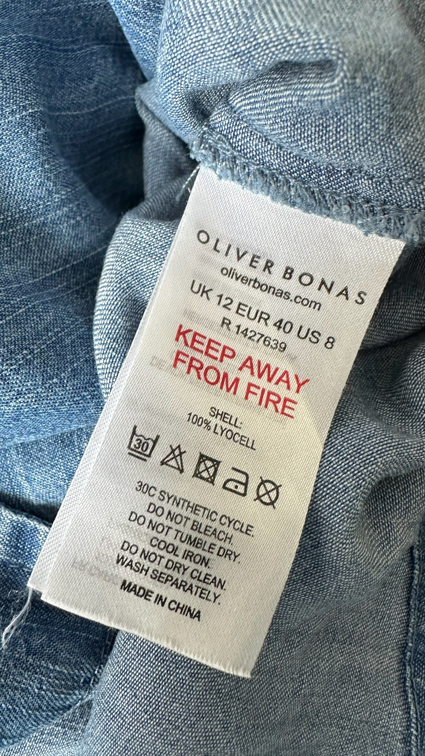 Oliver bonas zip front denim blue midi dress large UK 12 vgc w25