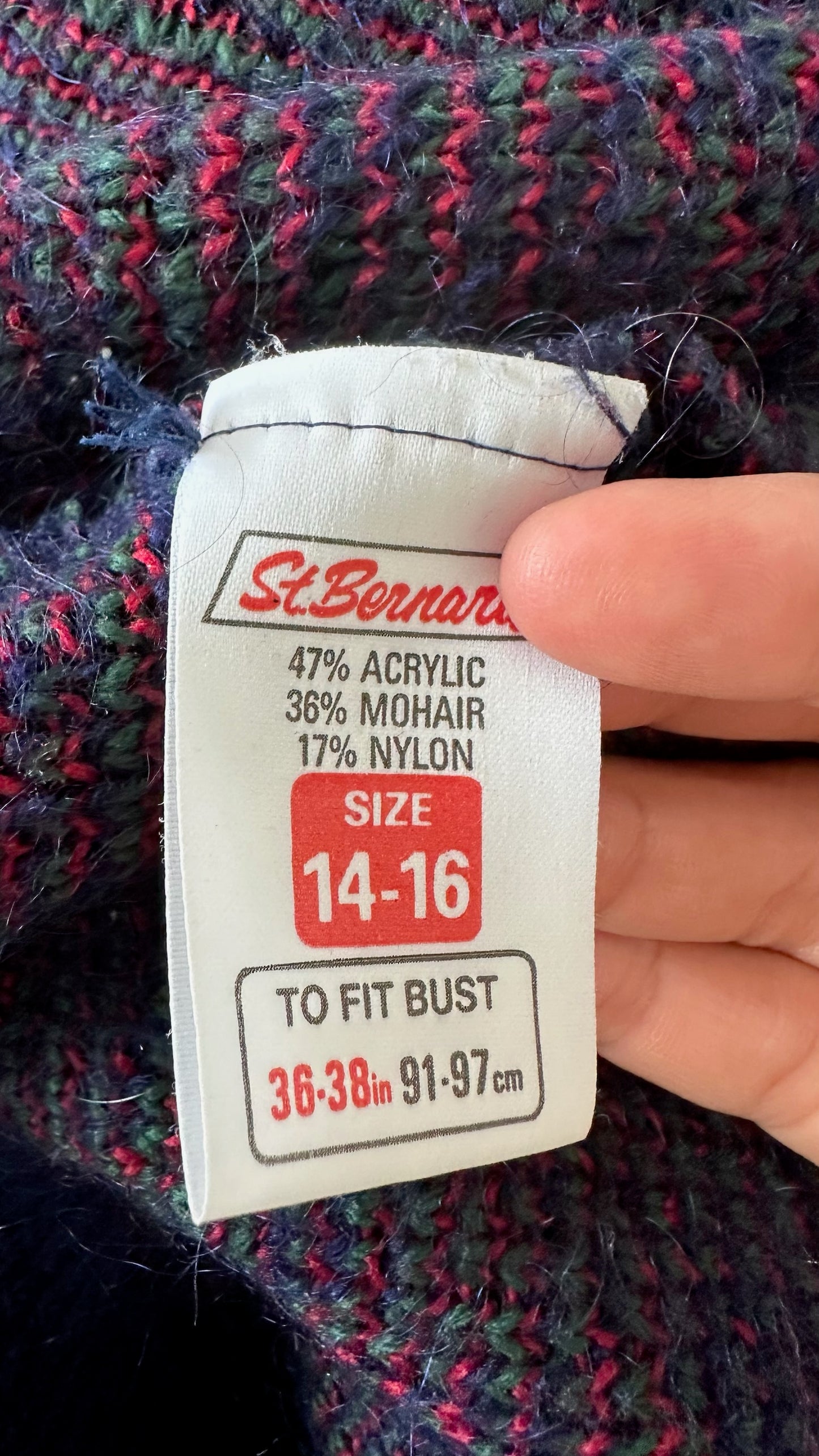 M&S st michael's vintage mohair blend navy blue red cardigan jumper large UK 12-14 vgc w25