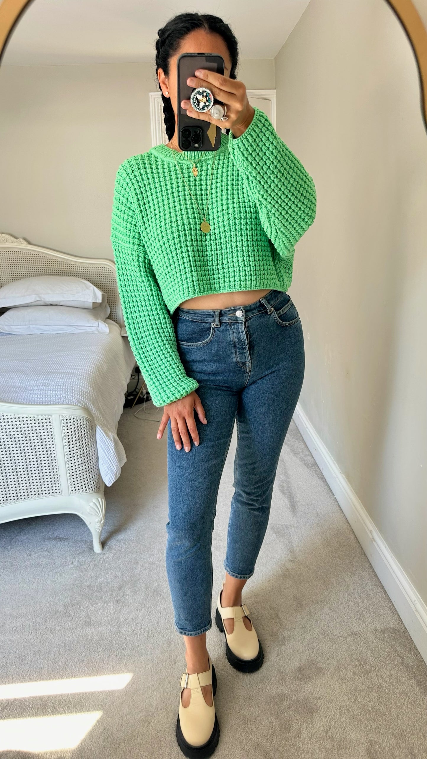 Zara bright green knitted cropped casual jumper small UK 8 vgc w25