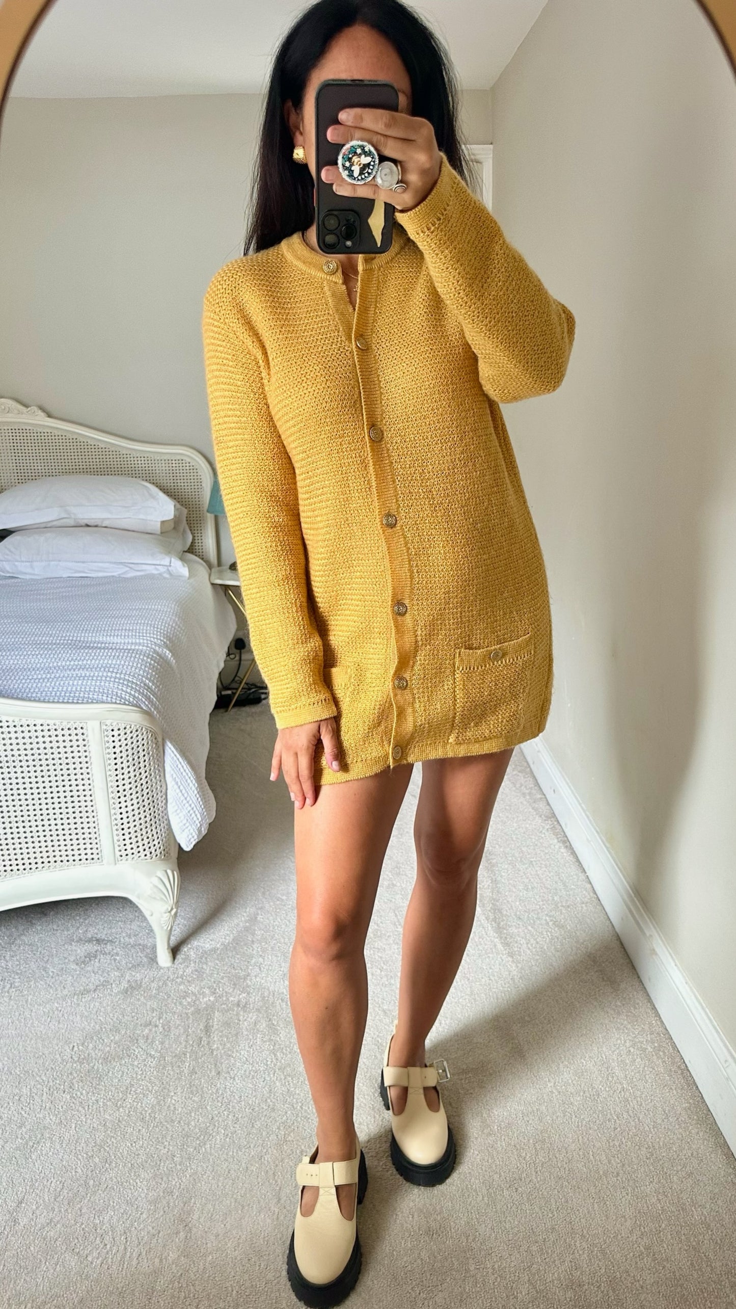 Marks & Spencer vintage mustard yellow mohair blend cardigan dress large UK 12 vgc w25