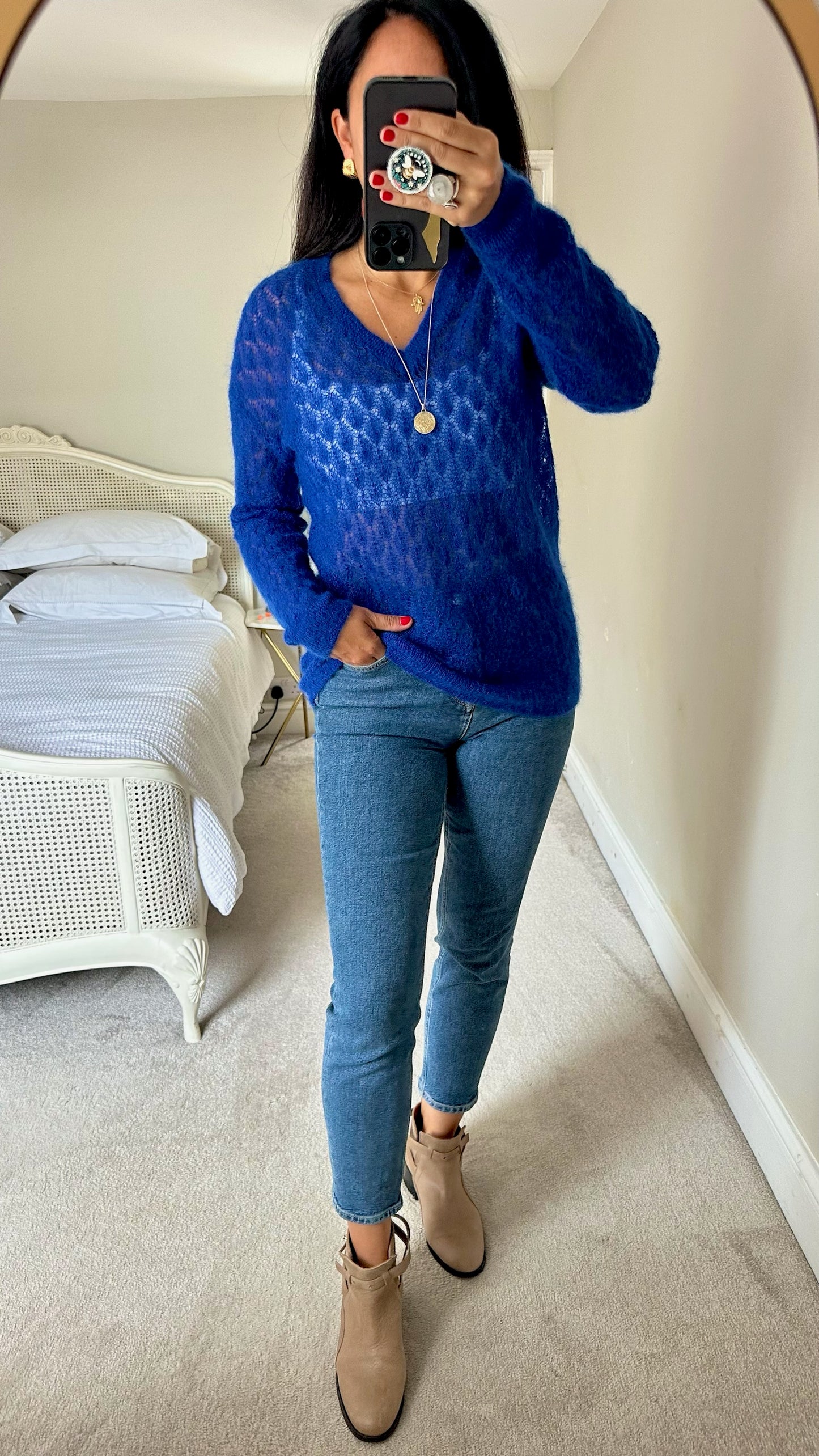 & other stories cobalt kingfisher blue crochet knitted mohair blend long line jumper extra small UK 6-8 vgc w25