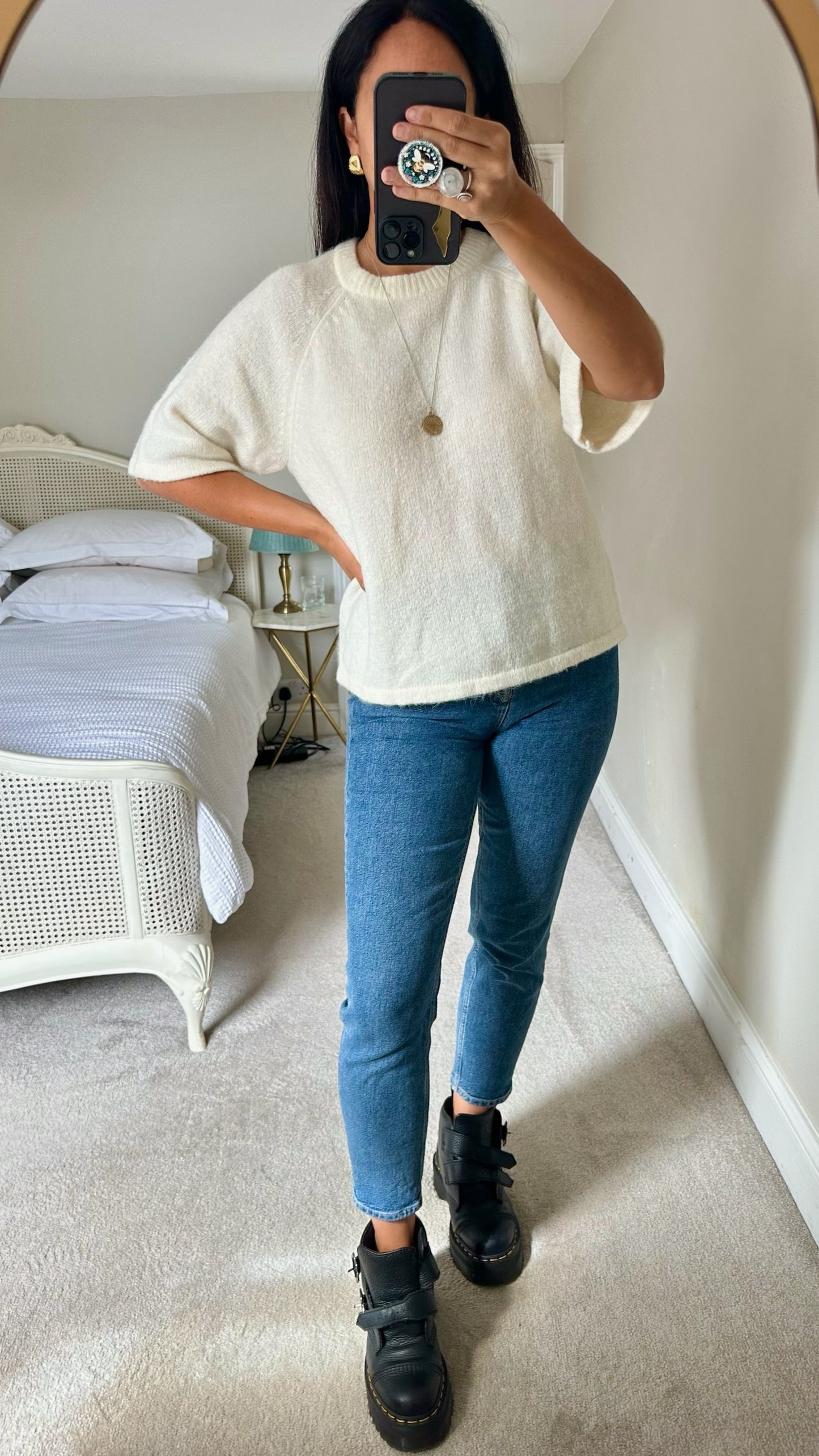 YAS cream white wool blend knitted jumper three quarter 3/4 length large UK 12 vgc w25