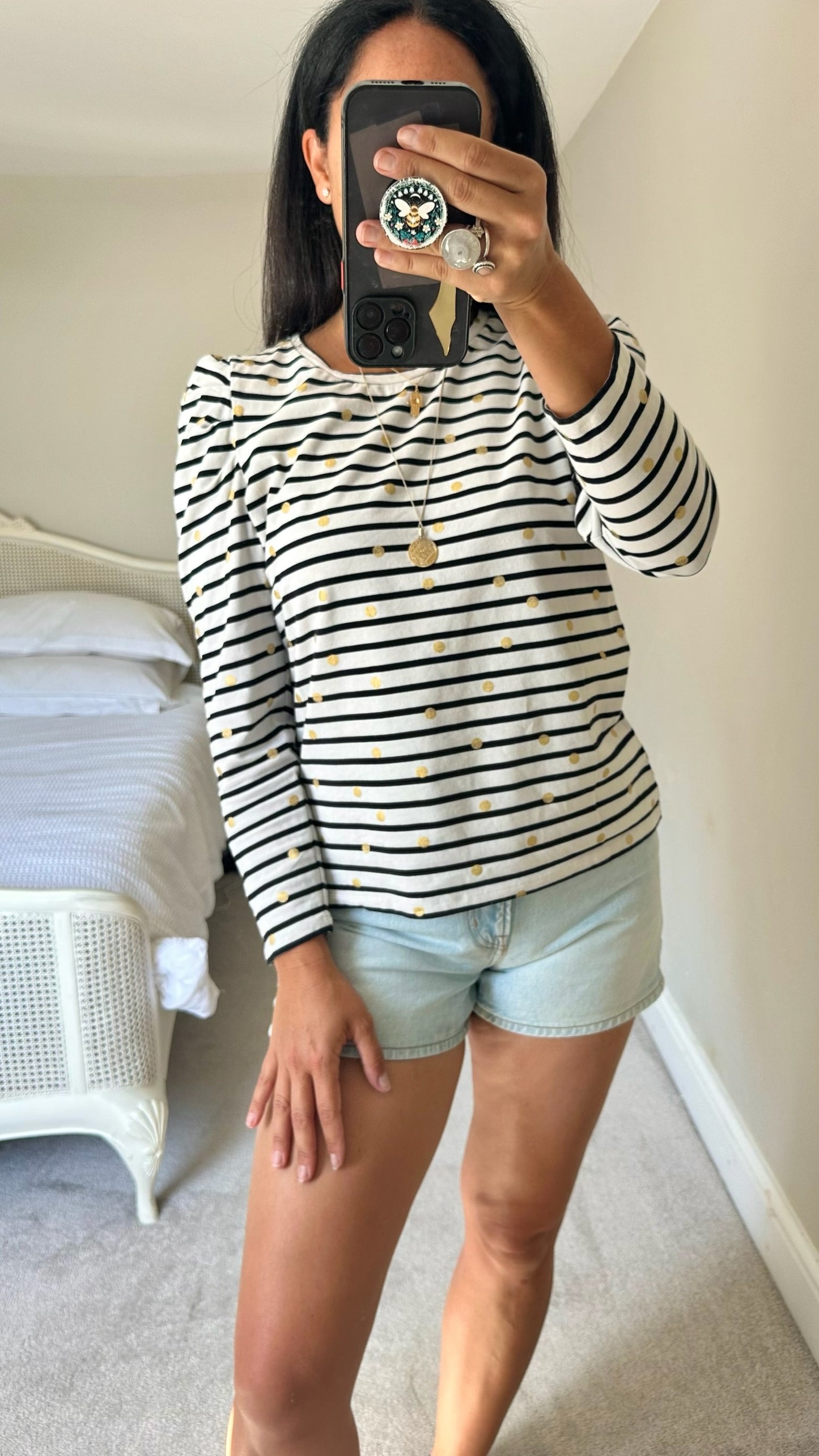 Boden black white polka dot gold stripe t-shirt top large UK 14-16 vgc w25