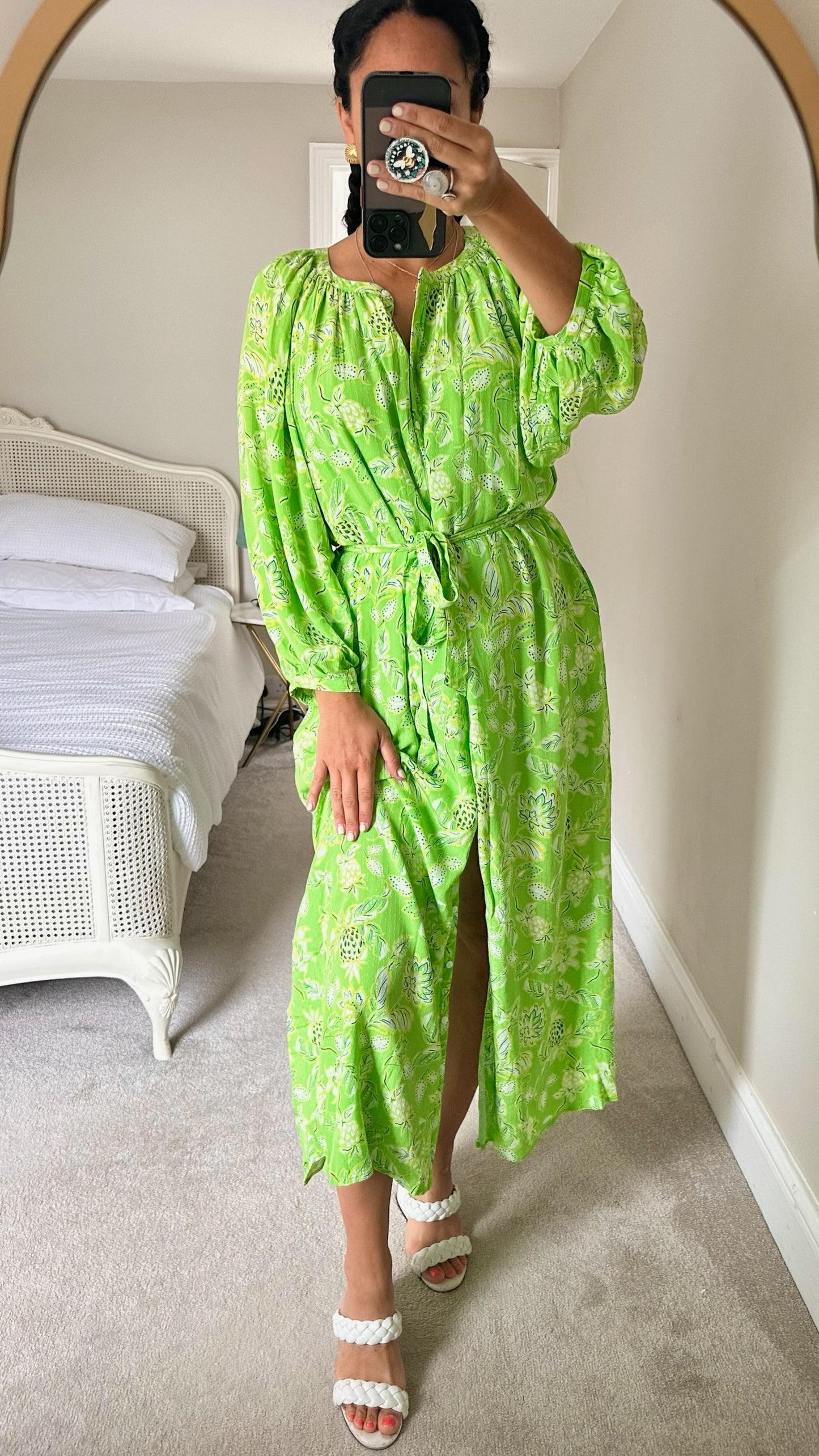 Oliver Bonas bright green boho maxi shirt dress large UK 12 vgc