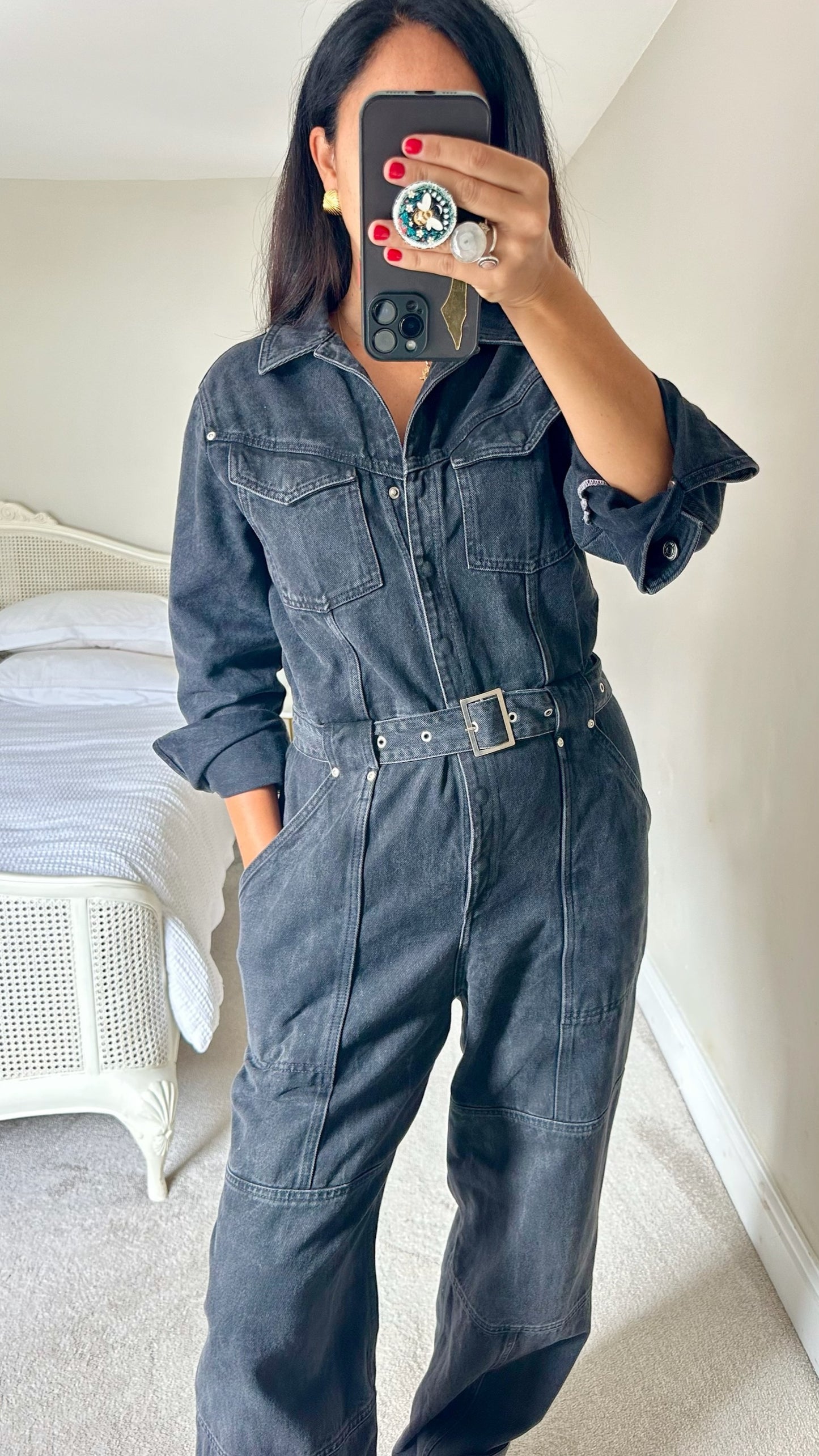 & other stories black denim boiler suit jumpsuit extra large UK 14 vgc w25