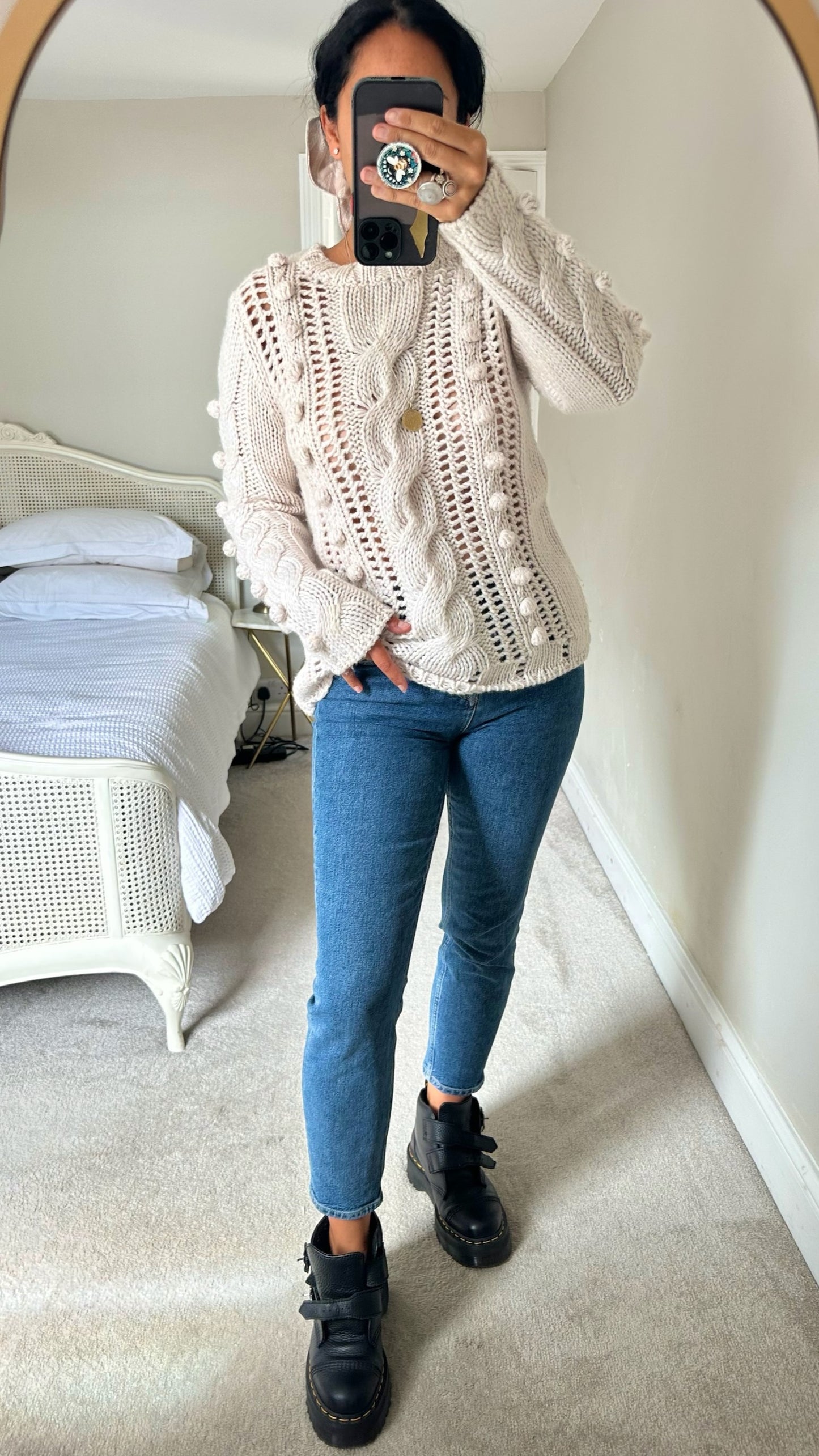Farmer heritage white cream wool blend knitted bobble front jumper large UK 12 vgc w25
