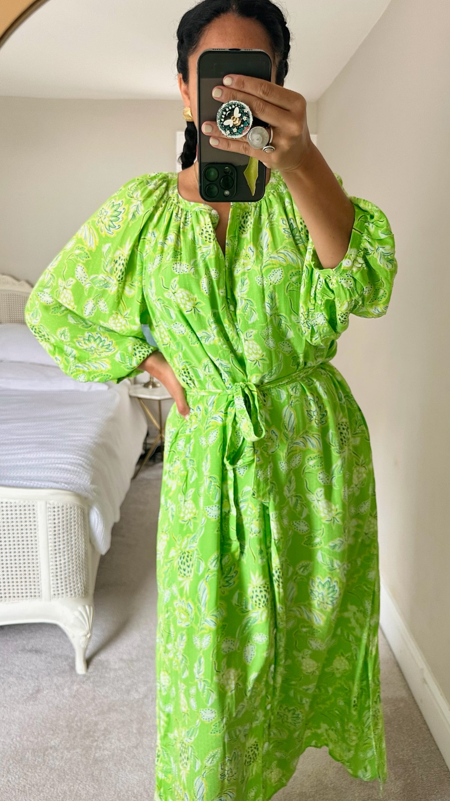 Oliver Bonas bright green boho maxi shirt dress large UK 12 vgc