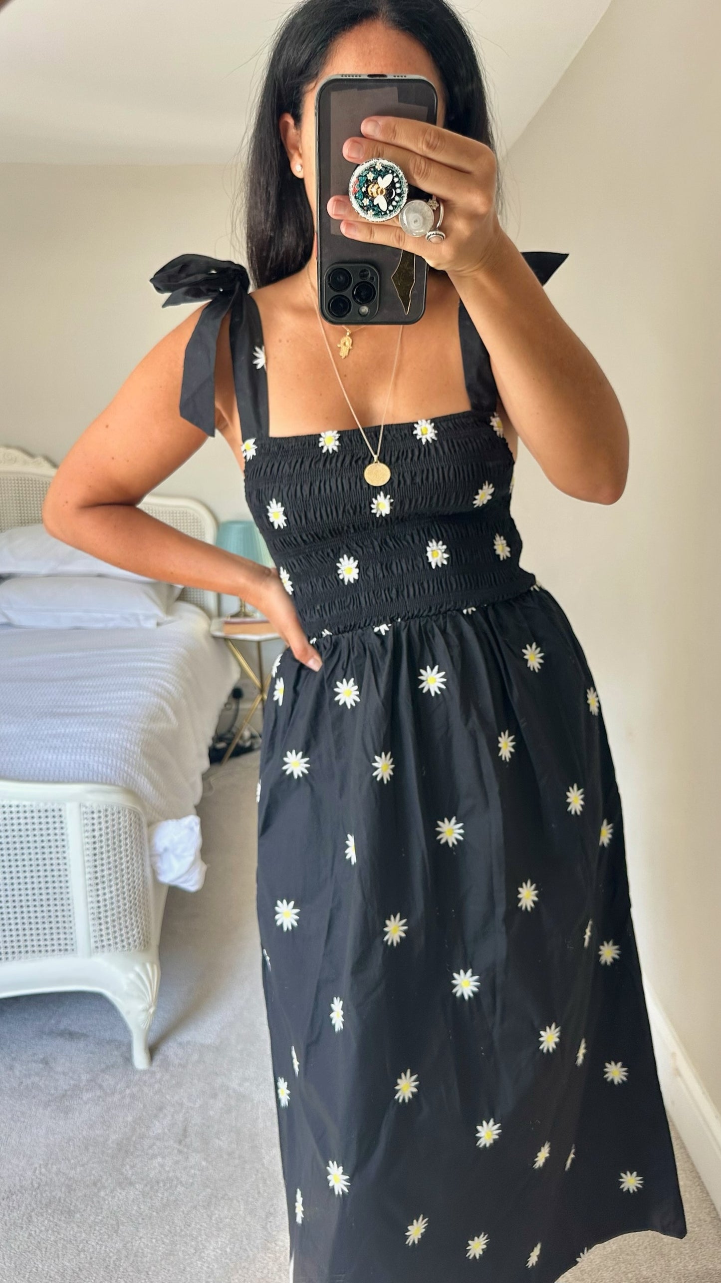 Never fully dressed black white daisy print shirt bust holiday maxi midi dress medium UK 10 new w25