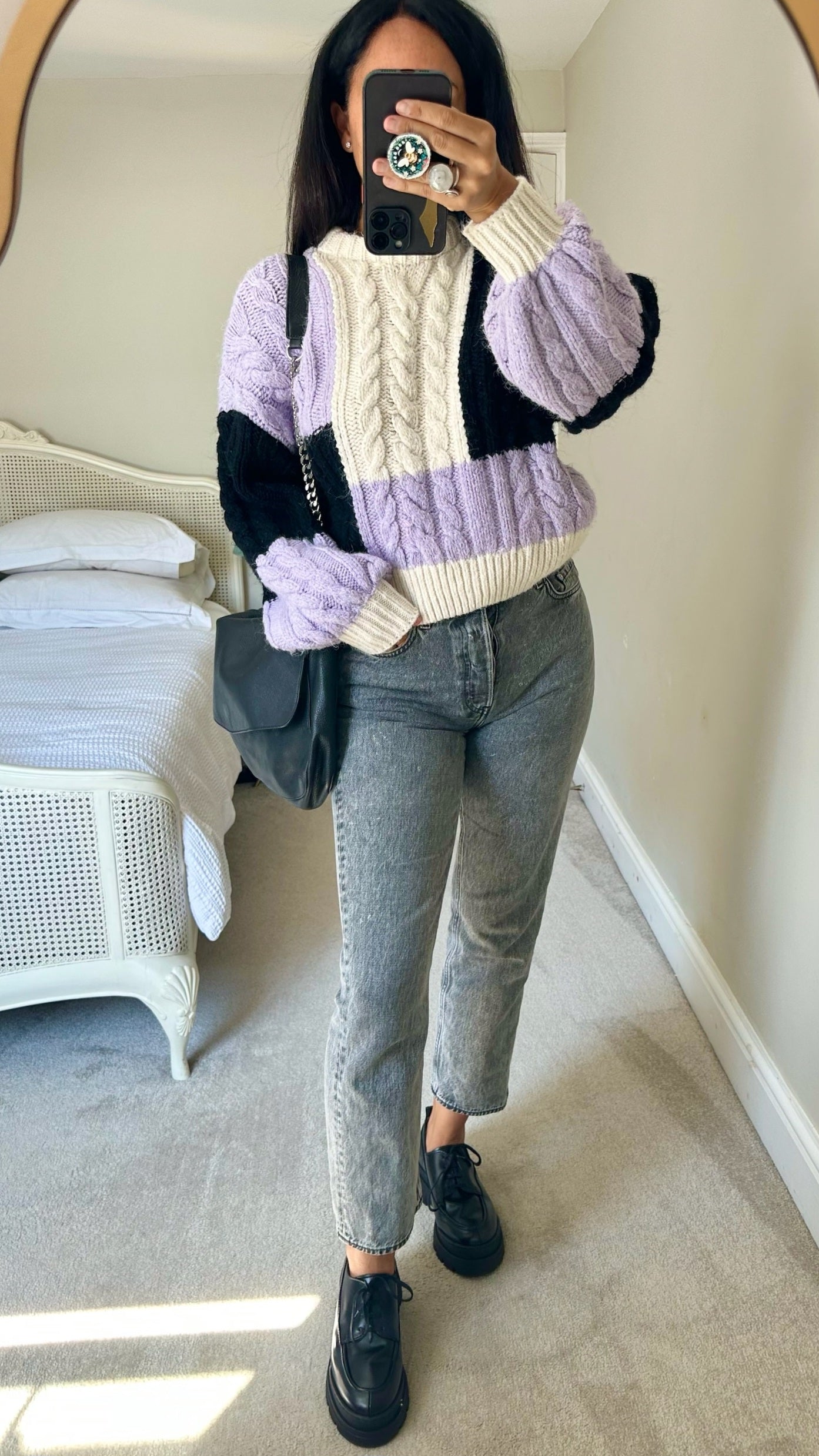 River island cream lilac black chunky knit oversized cable jumper small UK 8 vgc w25