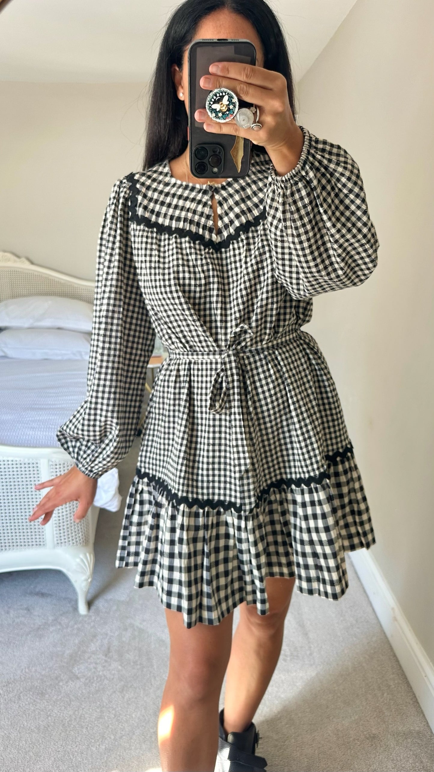 Oliver bonas black cream gingham check mini dress mini mediun UK 10 vgc w25