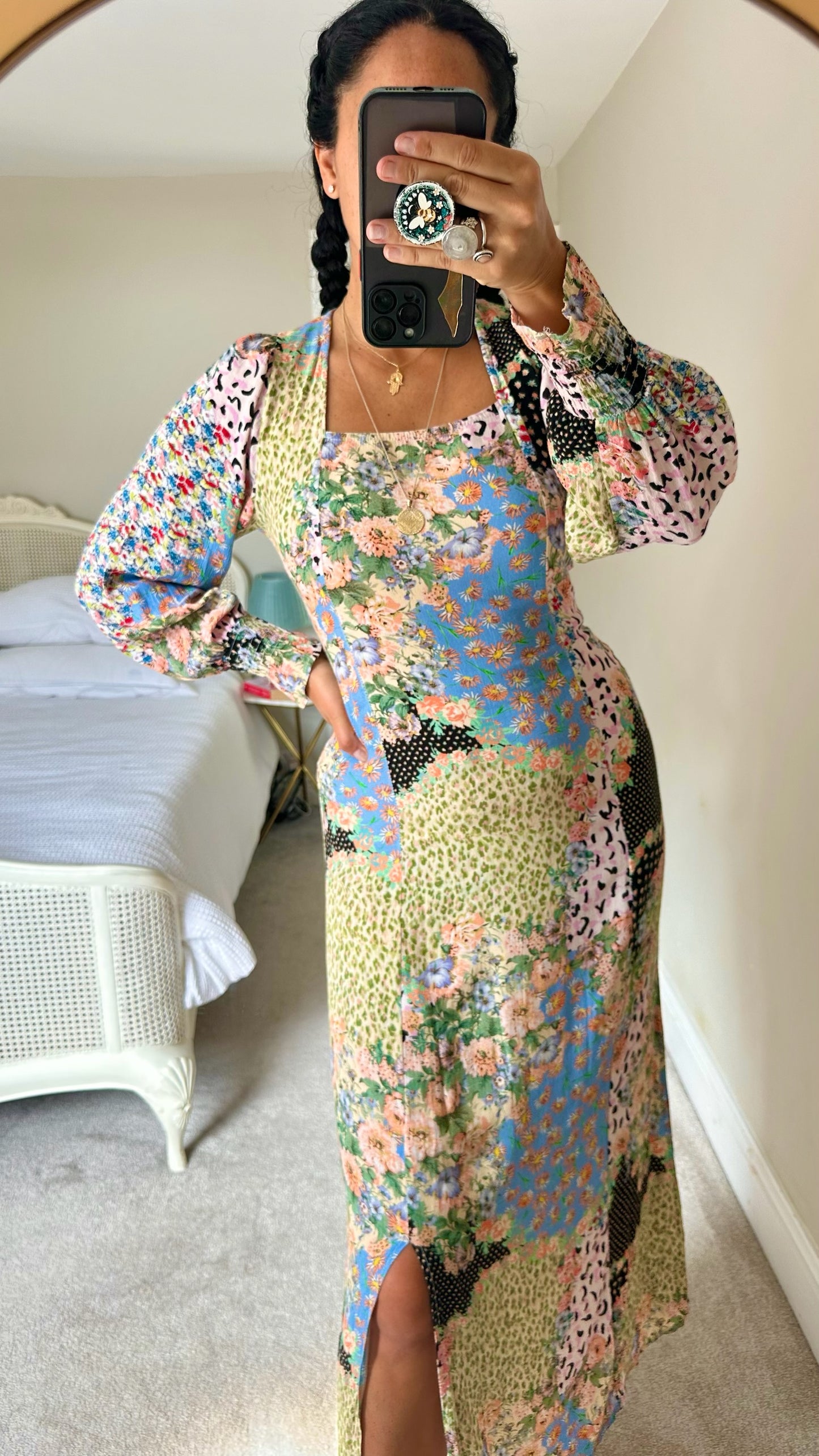 Warehouse pink blue patchwork leopard print side split midi dress small UK 8 vgc