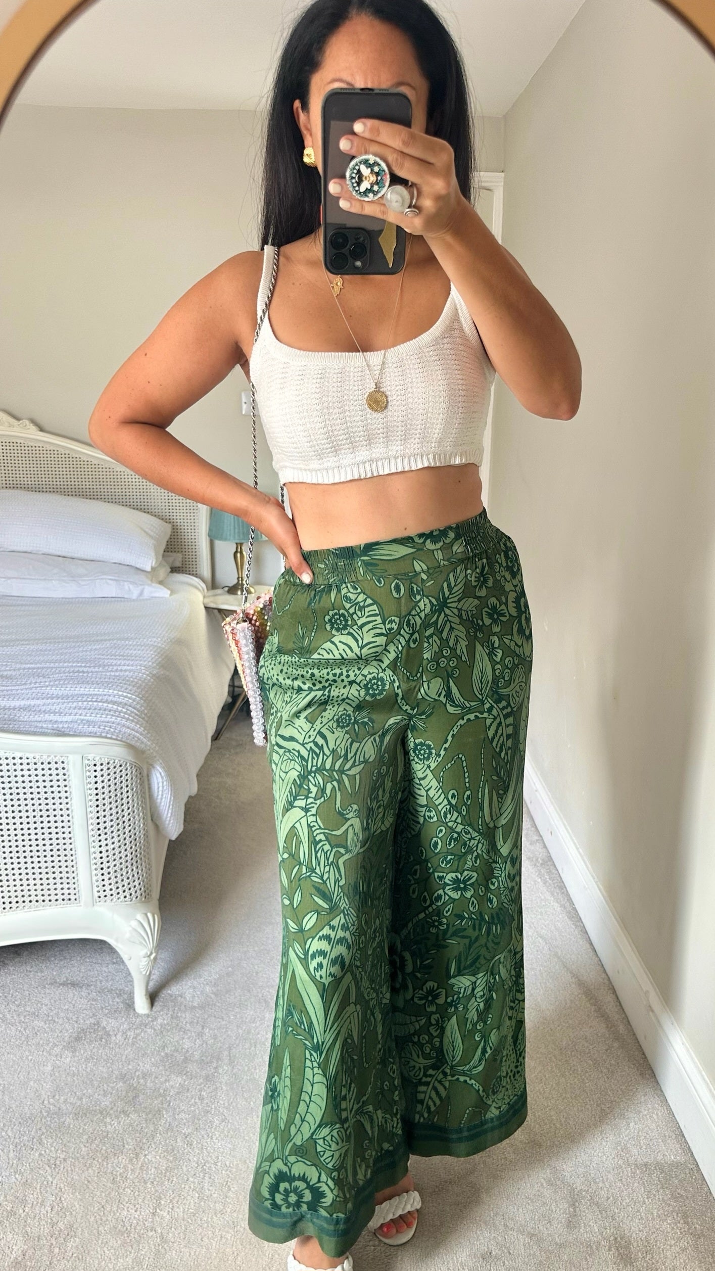 FARM Rio @ Anthropologie khaki olive green printed tropical wide leg trousers small UK 8-10 vgc
