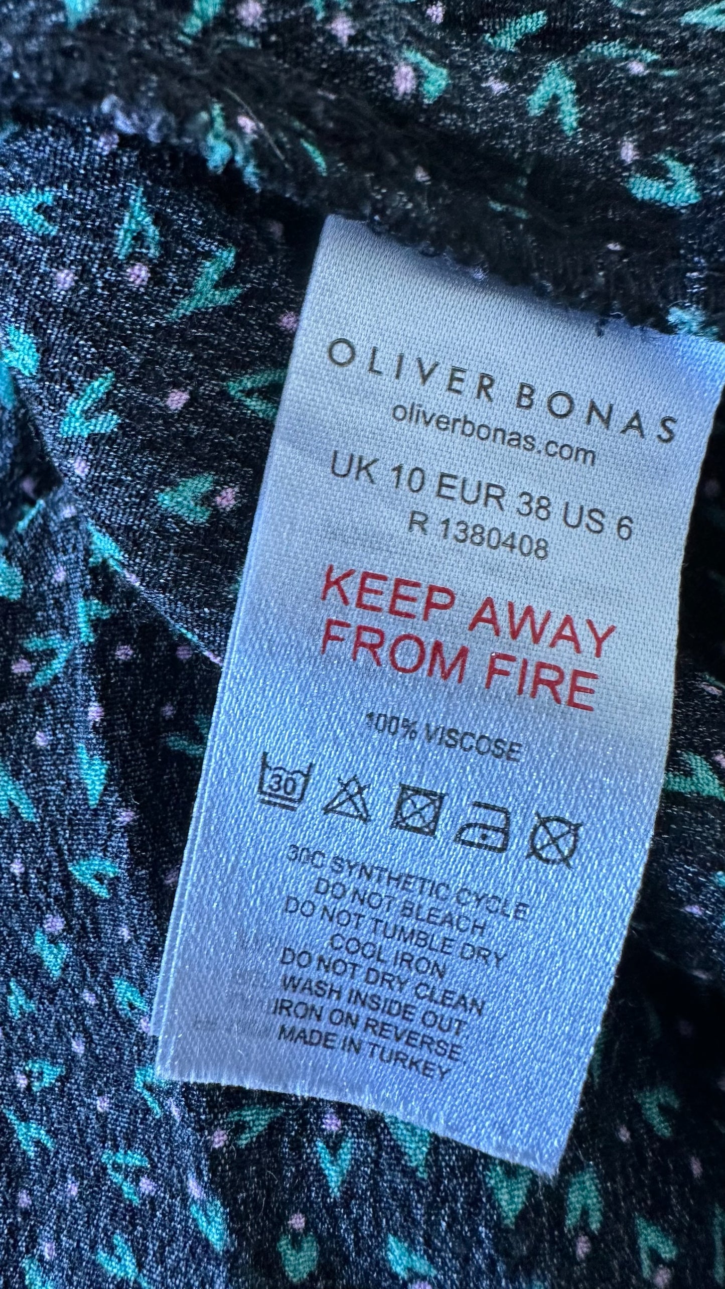 Oliver bonas black green wishbone print side split midi dress medium UK 10 vgc w25