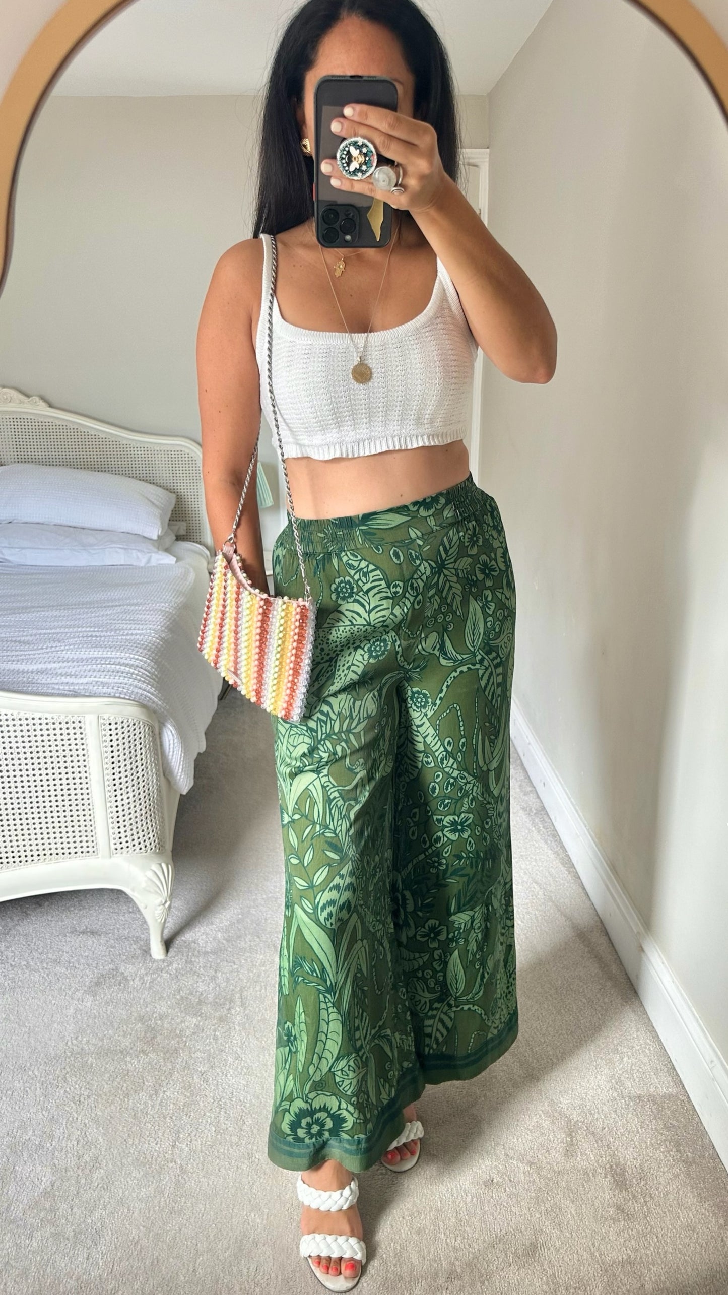 FARM Rio @ Anthropologie khaki olive green printed tropical wide leg trousers small UK 8-10 vgc
