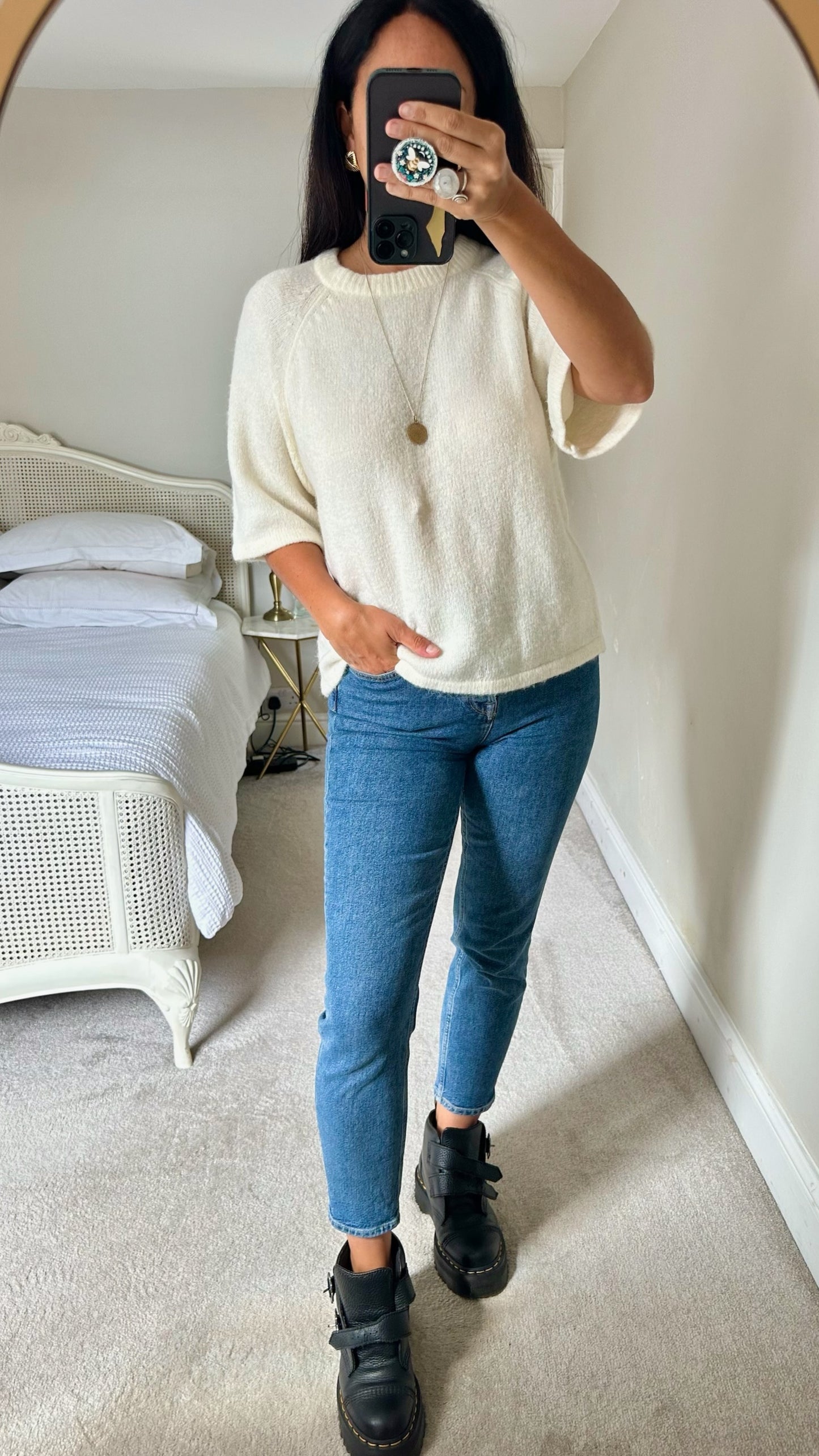 YAS cream white wool blend knitted jumper three quarter 3/4 length large UK 12 vgc w25