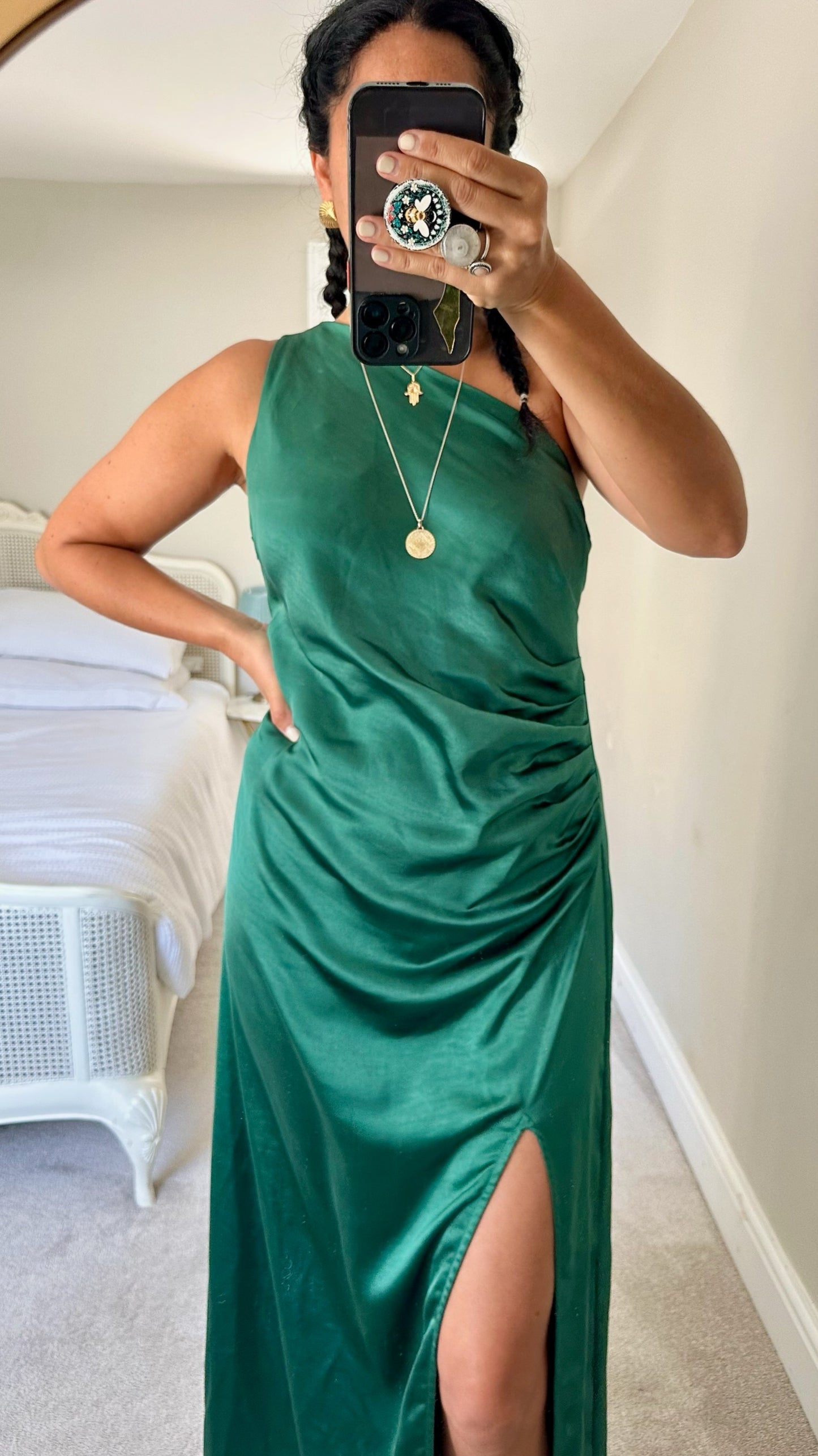 Pretty lavish deep green one shoulder ruched maxi dress large UK 14 vgc