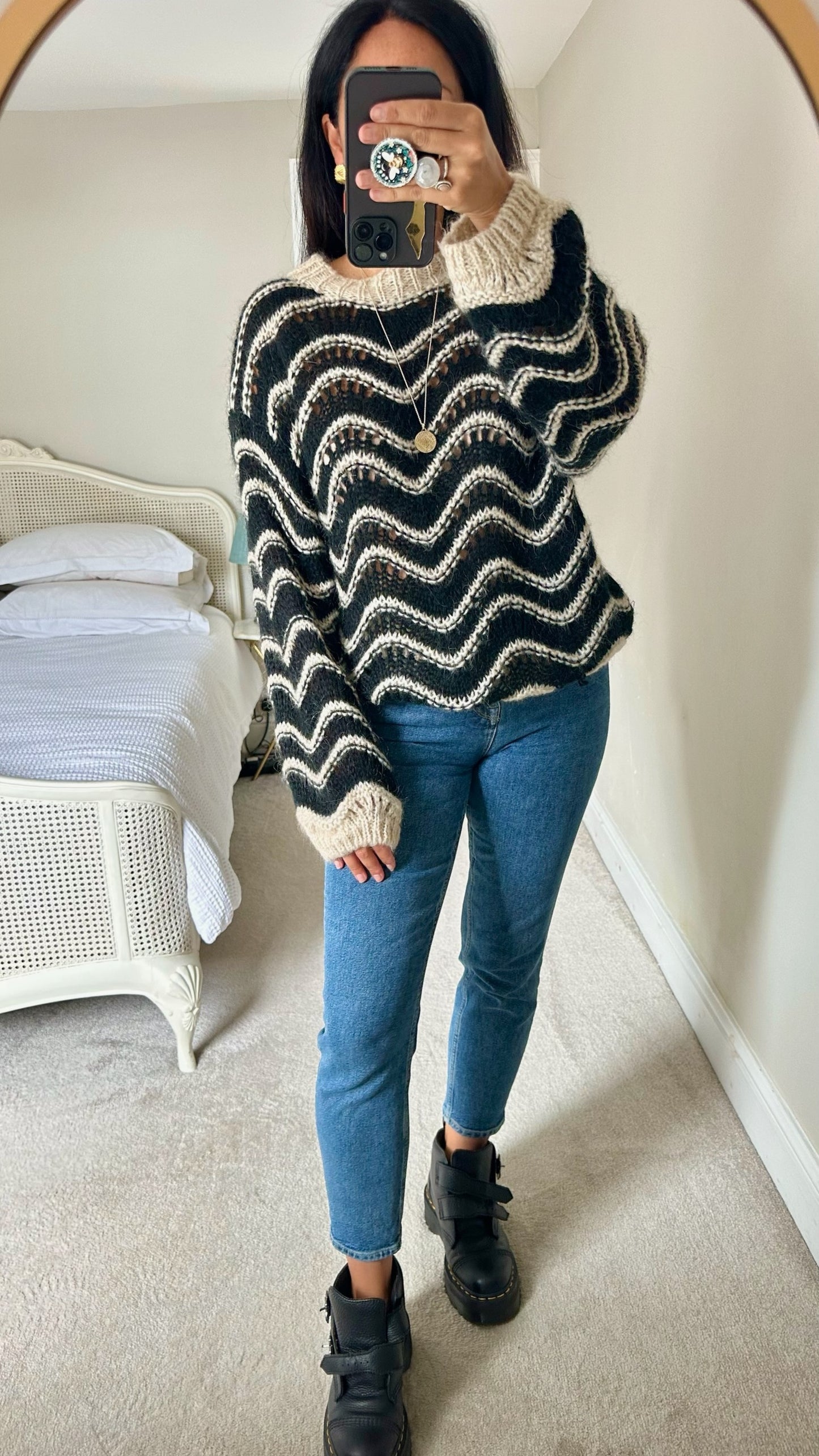 Noella copenhagen black cream squiggle line stripe high mohair blend wool knitted jumper medium UK 10 vgc w25