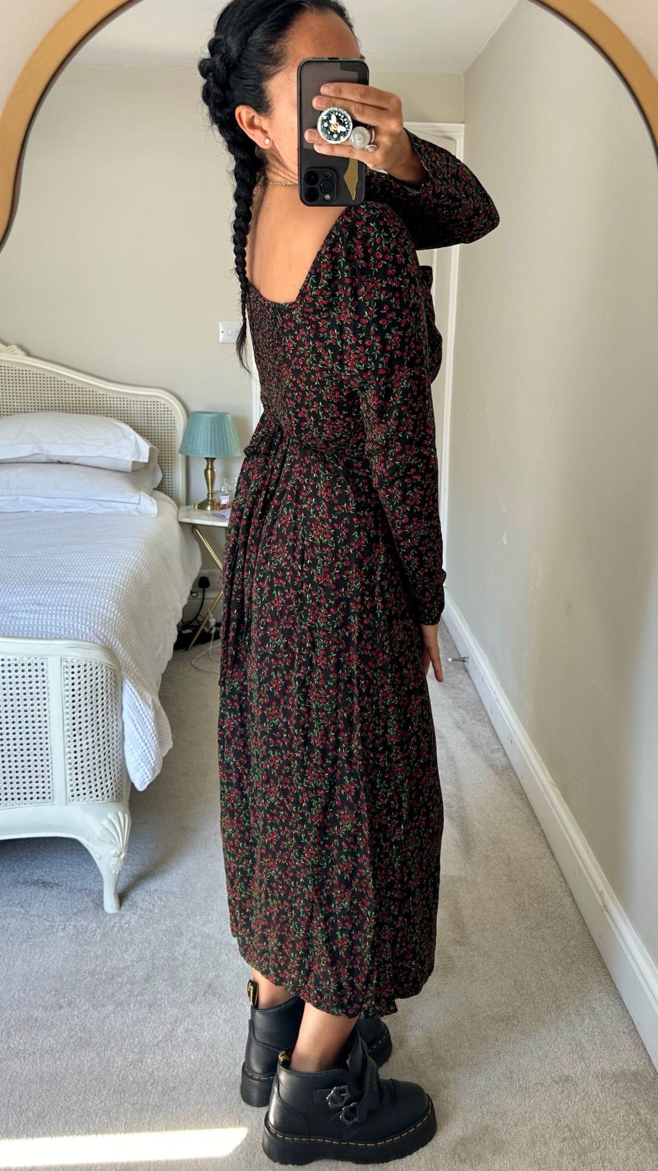 Nobody's child black red green cherry print midi dress extra large UK 12 14 vgc w25