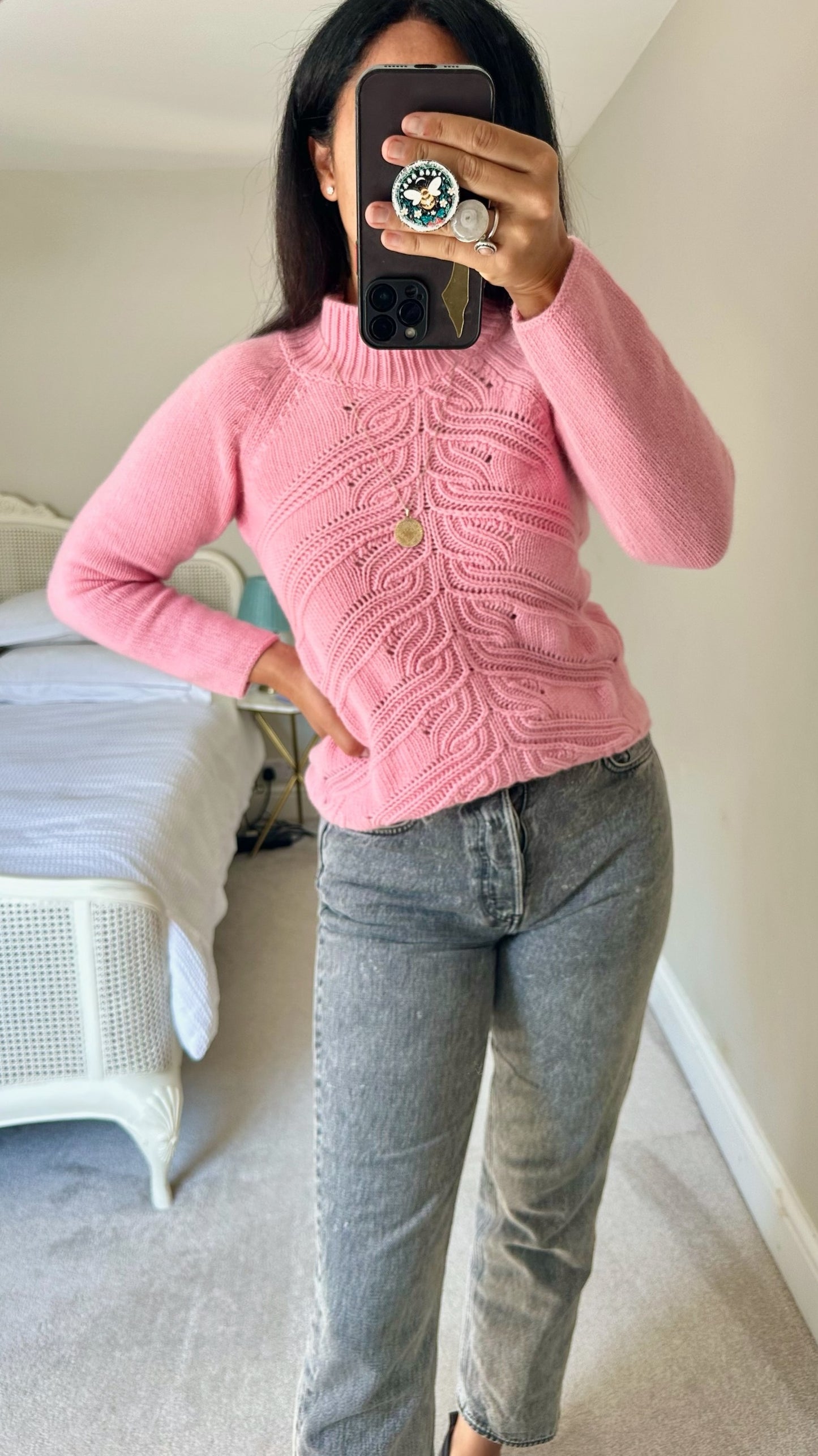 United colors of benetton candy pink high wool angora blend knitted crochet jumper medium UK 10 vgc w25