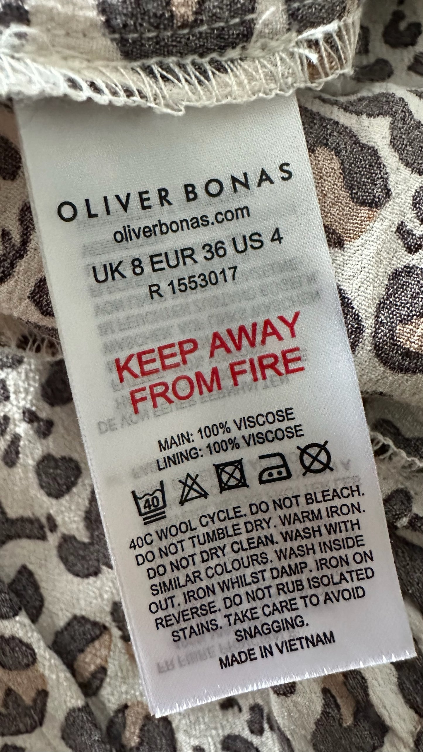 Oliver bonas white black brown animal leopard tiered midi dress small UK 8 vgc w25