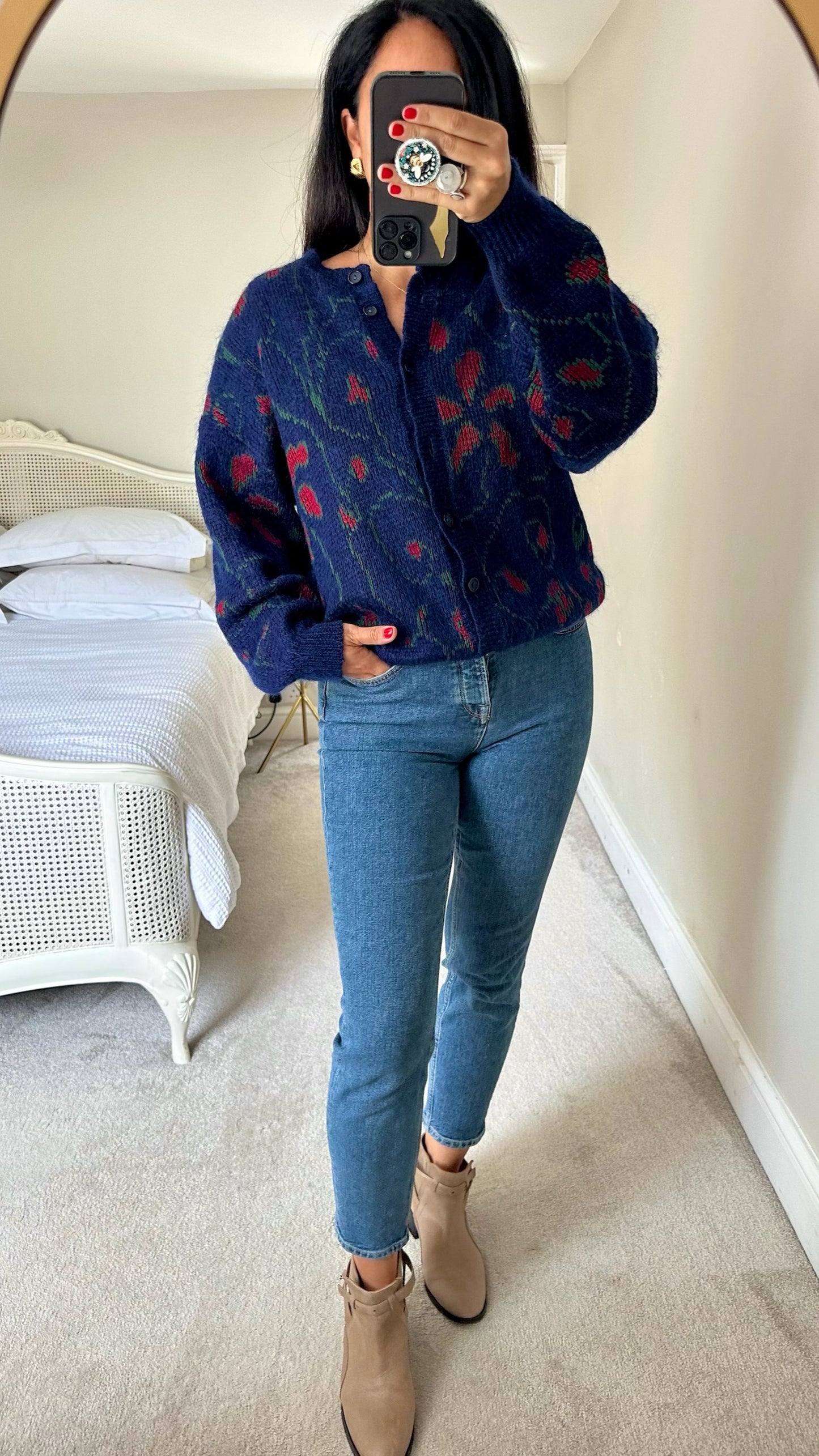 M&S st michael's vintage mohair blend navy blue red cardigan jumper large UK 12-14 vgc w25