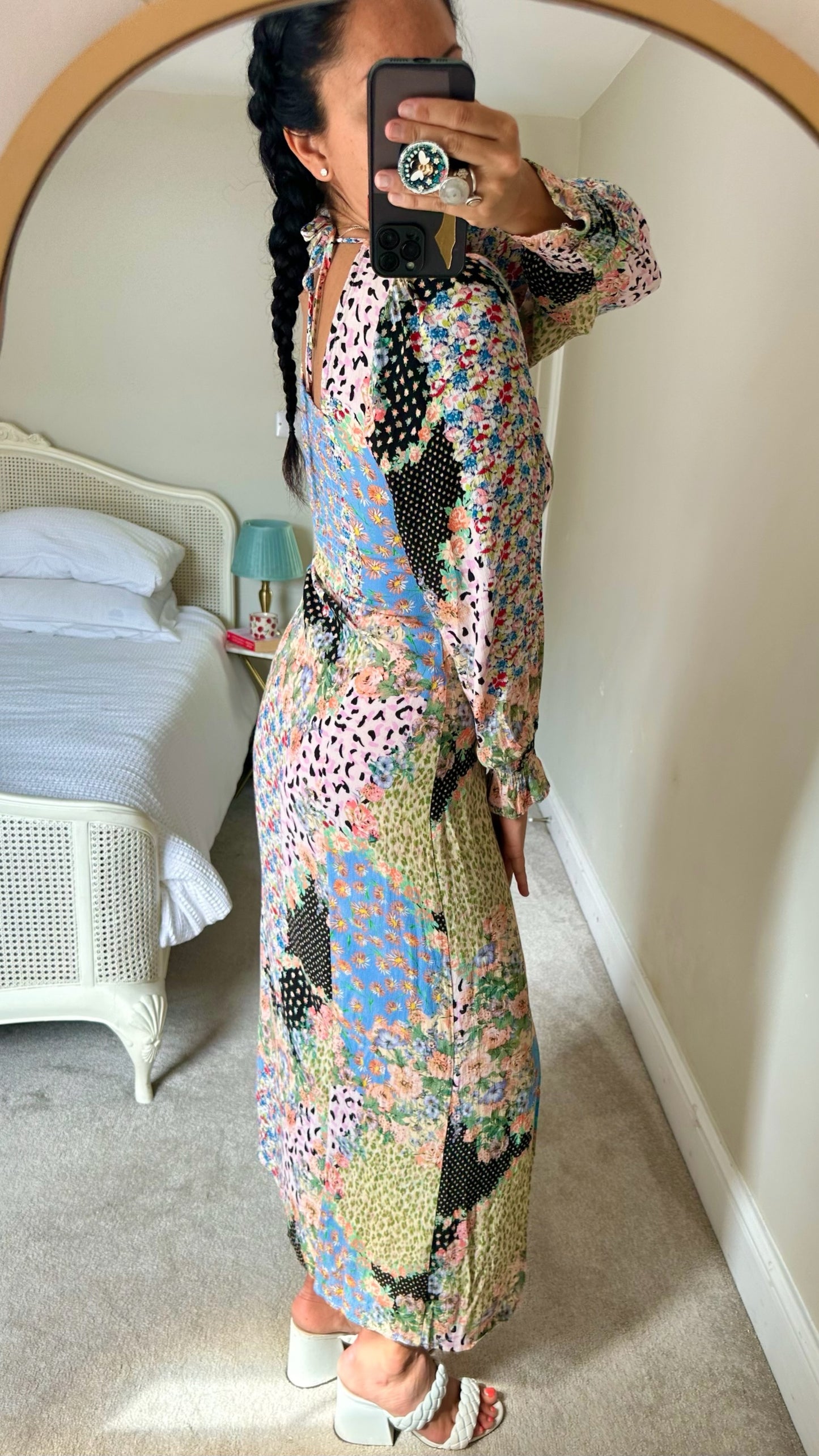 Warehouse pink blue patchwork leopard print side split midi dress small UK 8 vgc