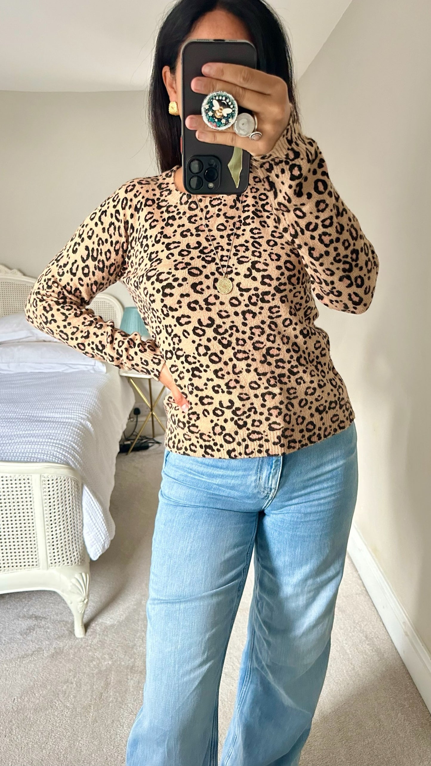 Oliver bonas beige black animal print leopard knitted jumper medium UK 10 vgc w25