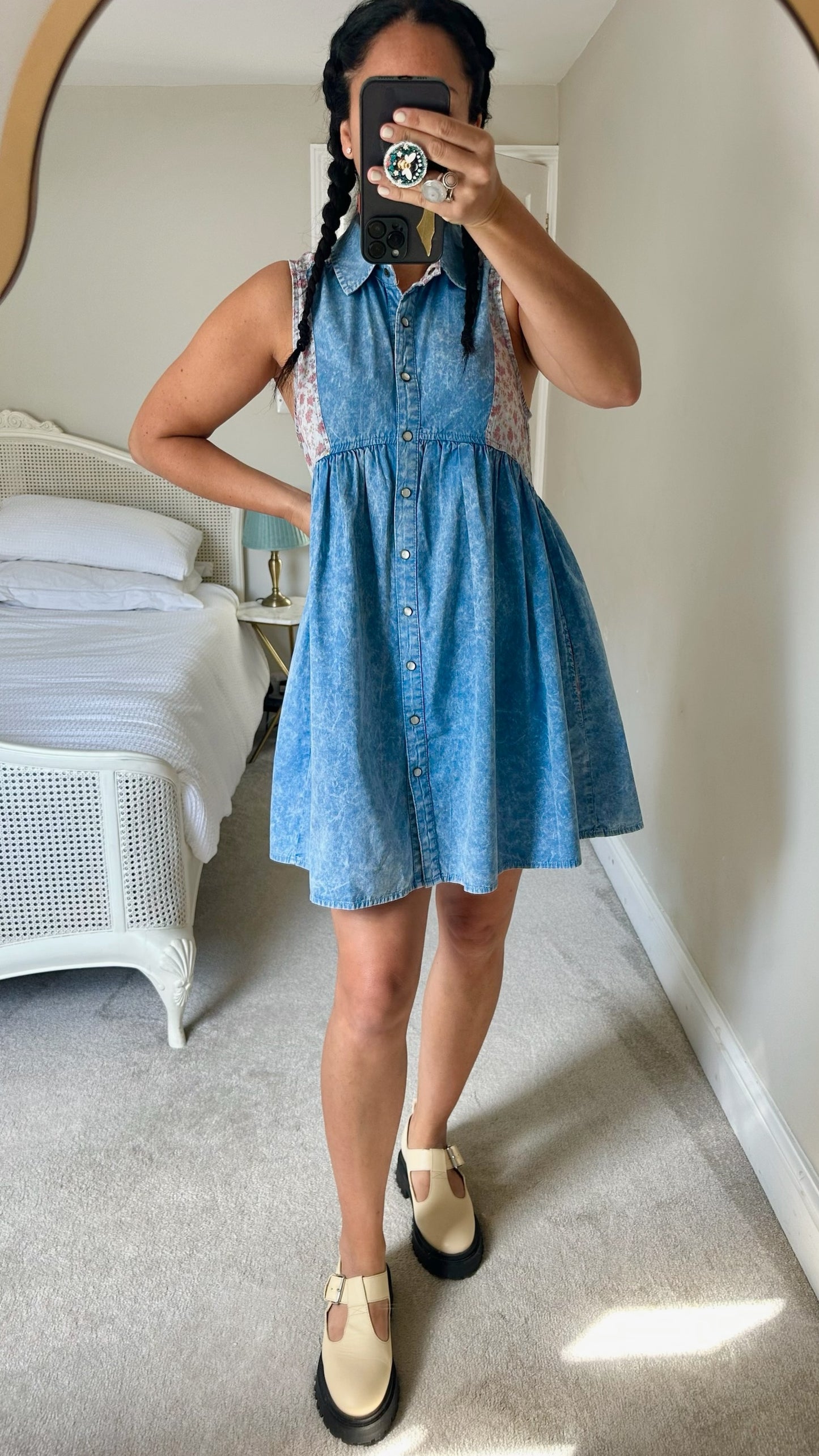 Topshop denim floral vintage print mini dress large UK 12 vgc