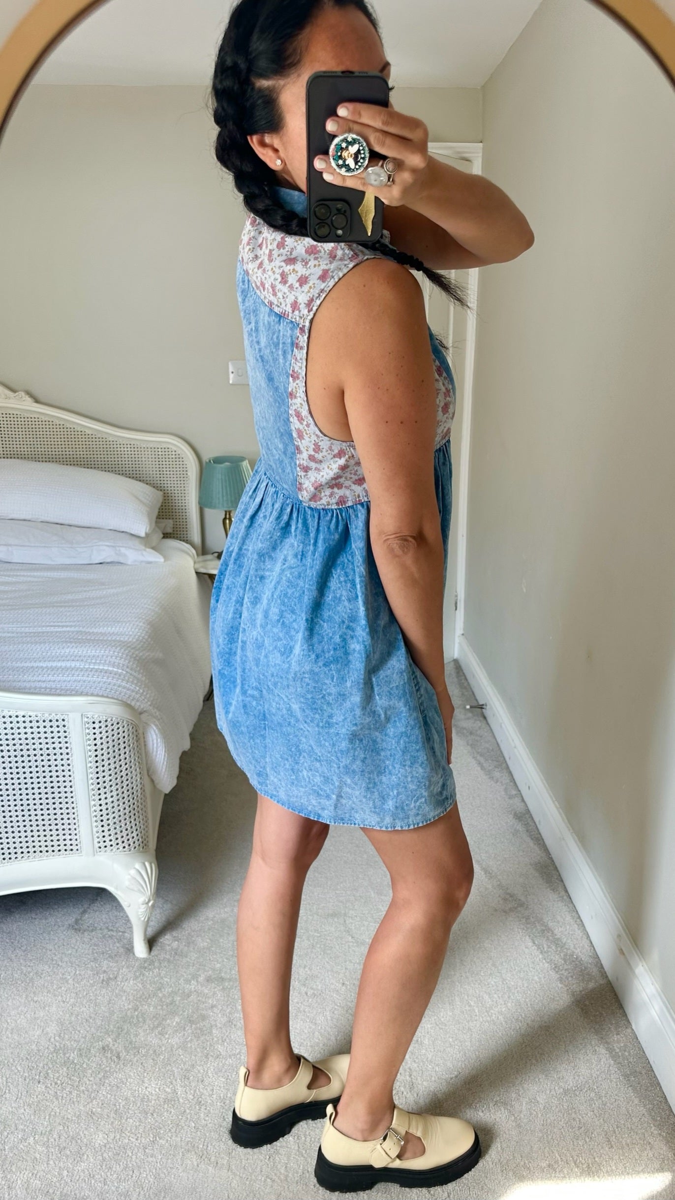 Topshop denim floral vintage print mini dress large UK 12 vgc