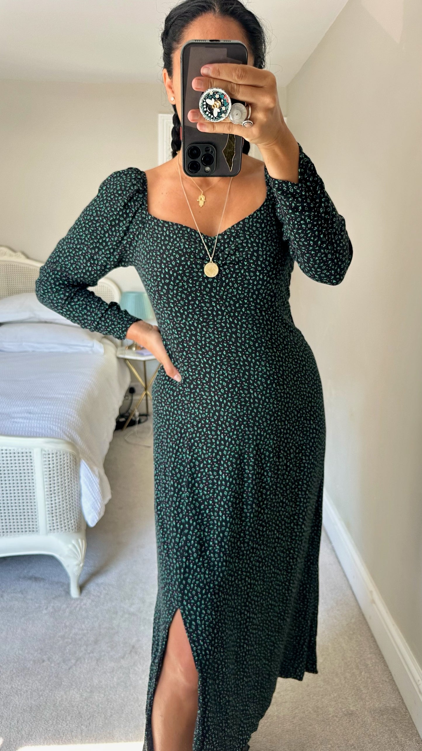 Oliver bonas black green wishbone print side split midi dress medium UK 10 vgc w25