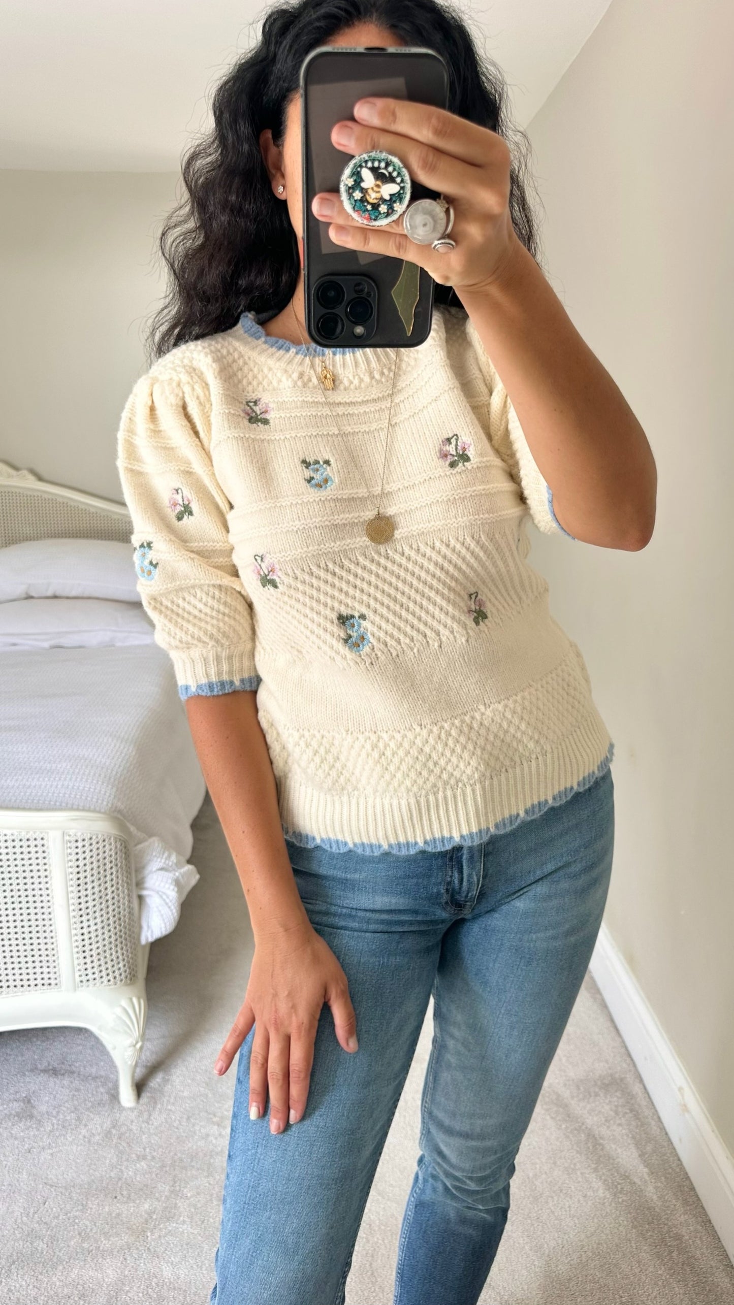 FRNCH cream blue vintage look knitted jumper medium UK 10 bnwt w25