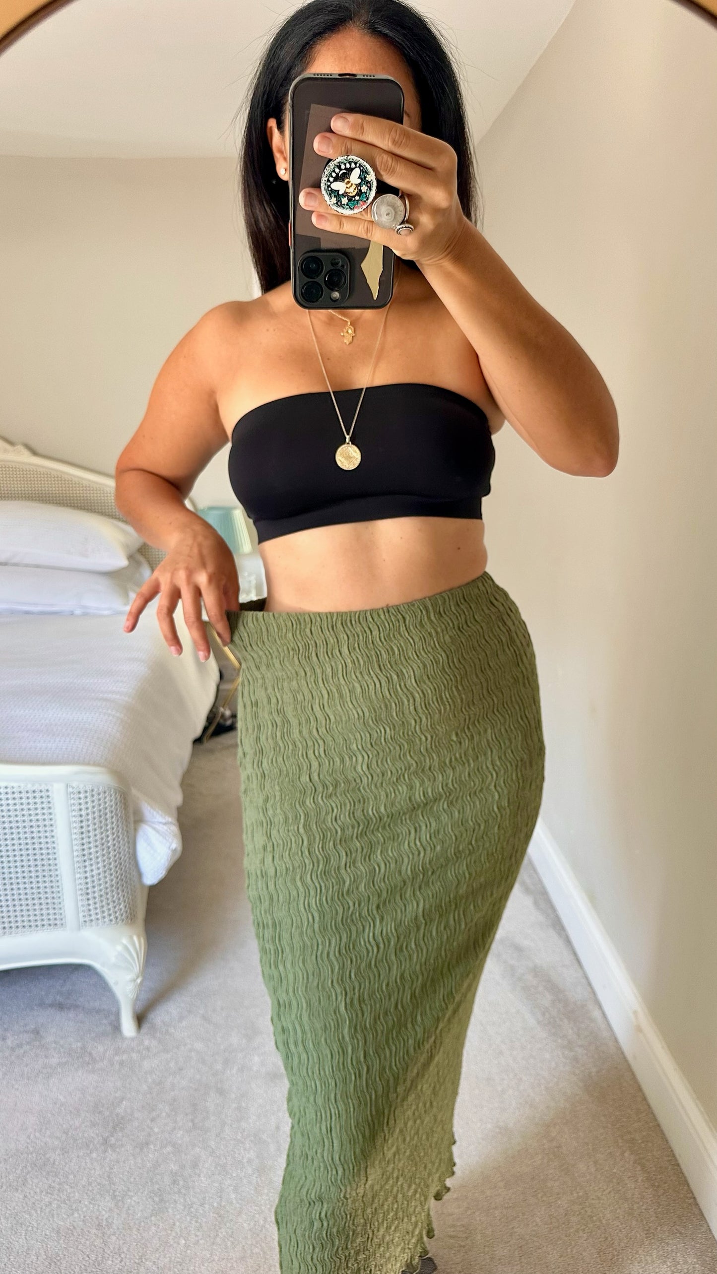Topshop khaki olive green crinkle midi maxi long skirt medium UK 10 vgc w25