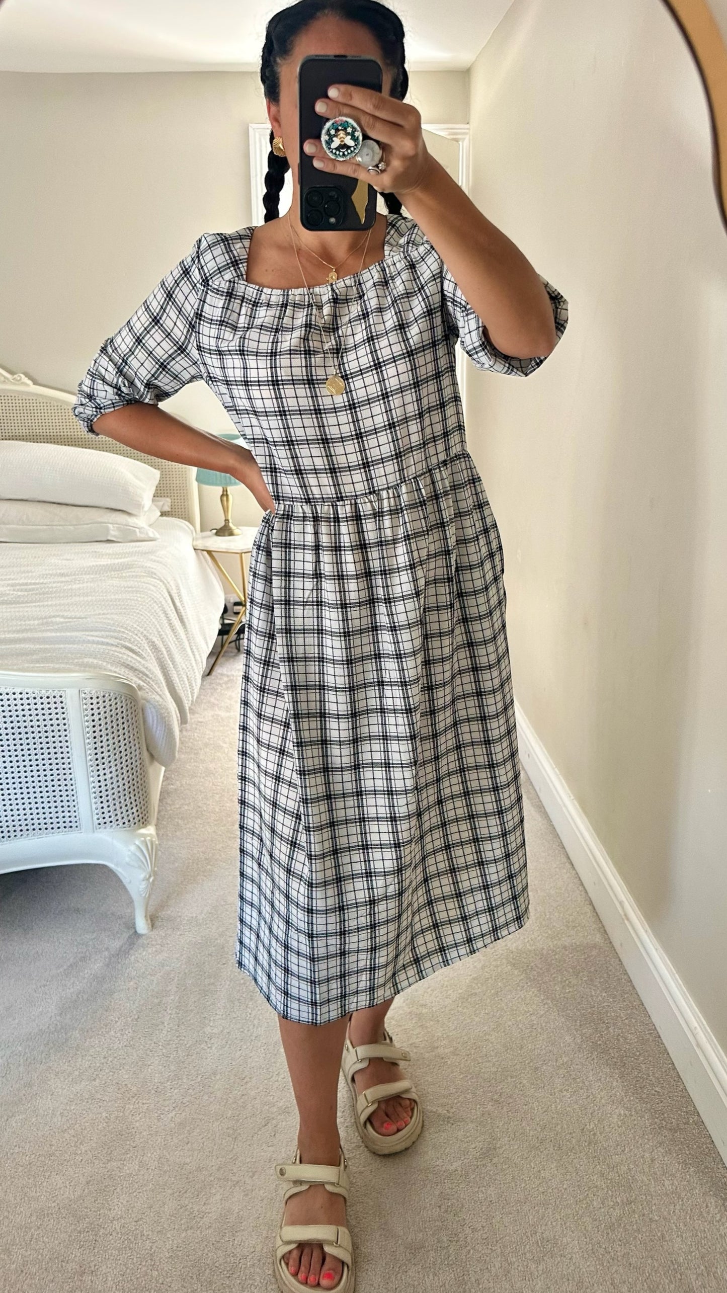Nobody’s child white black check gingham midi dress large UK 12 vgc