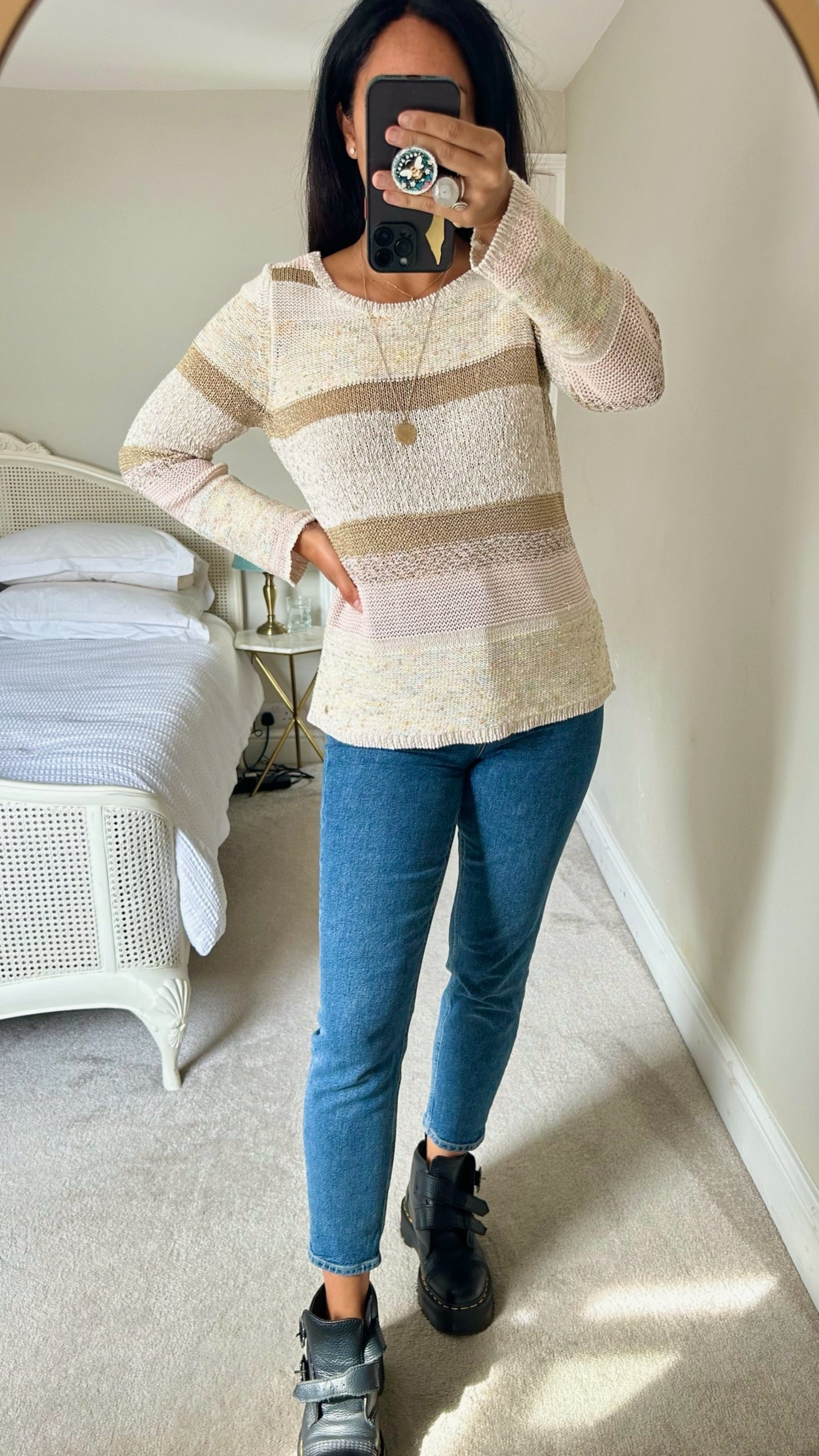Des petit haute gold pink stripe lightweight knitted jumper small UK 8-10 vgc w25